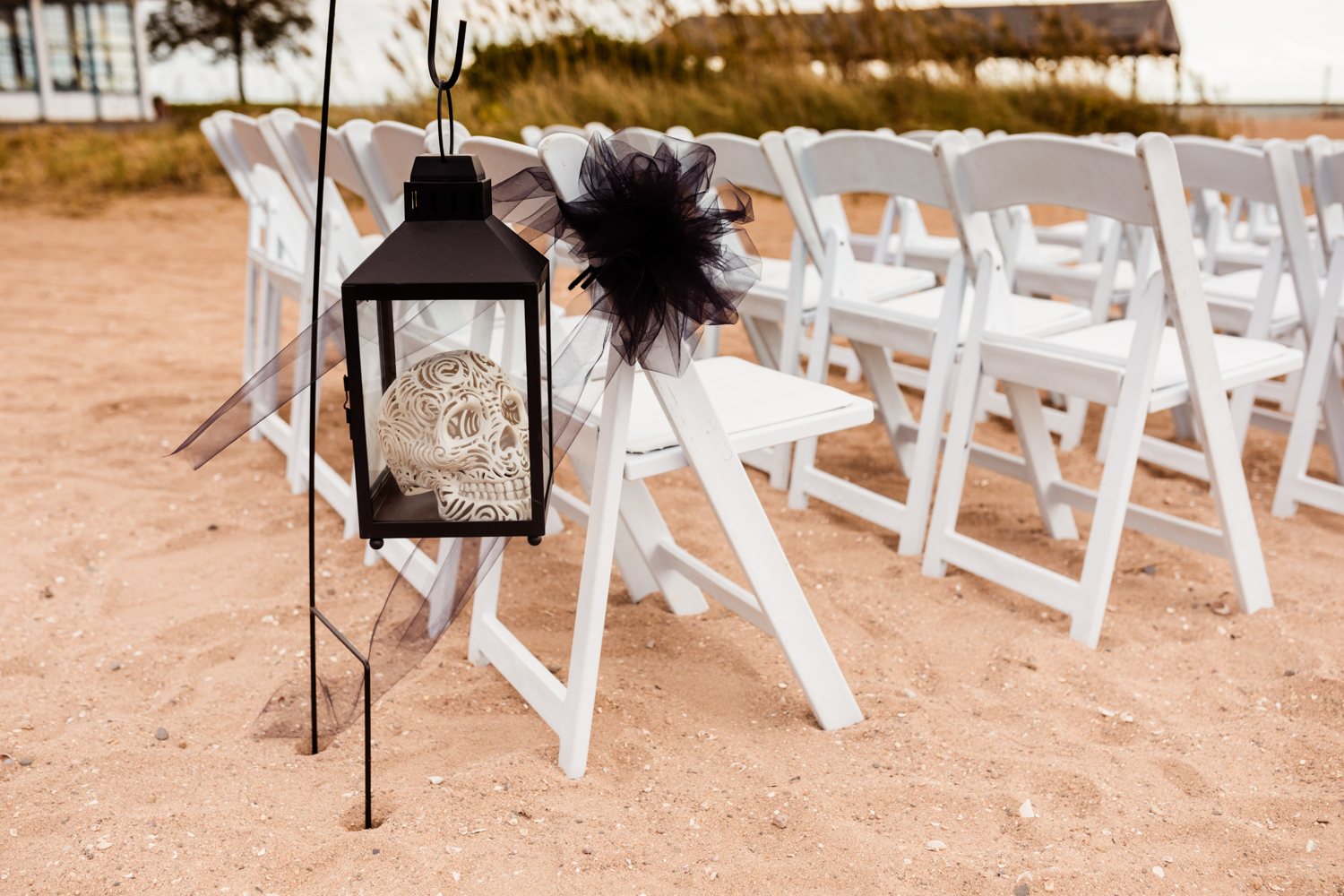 Skull decorations at halloween beach wedding