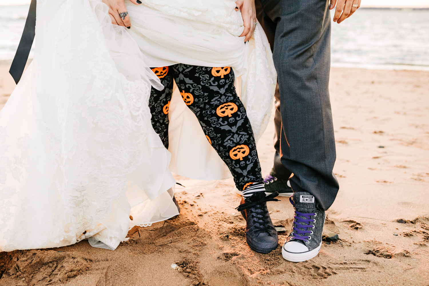 Bride wearing halloween themed leggings on wedding day