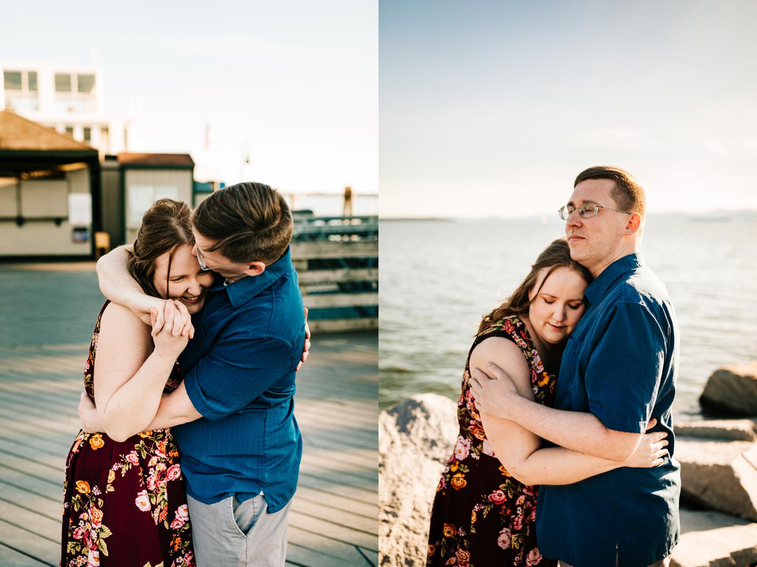 Fun couple laughing and cuddling on lake 