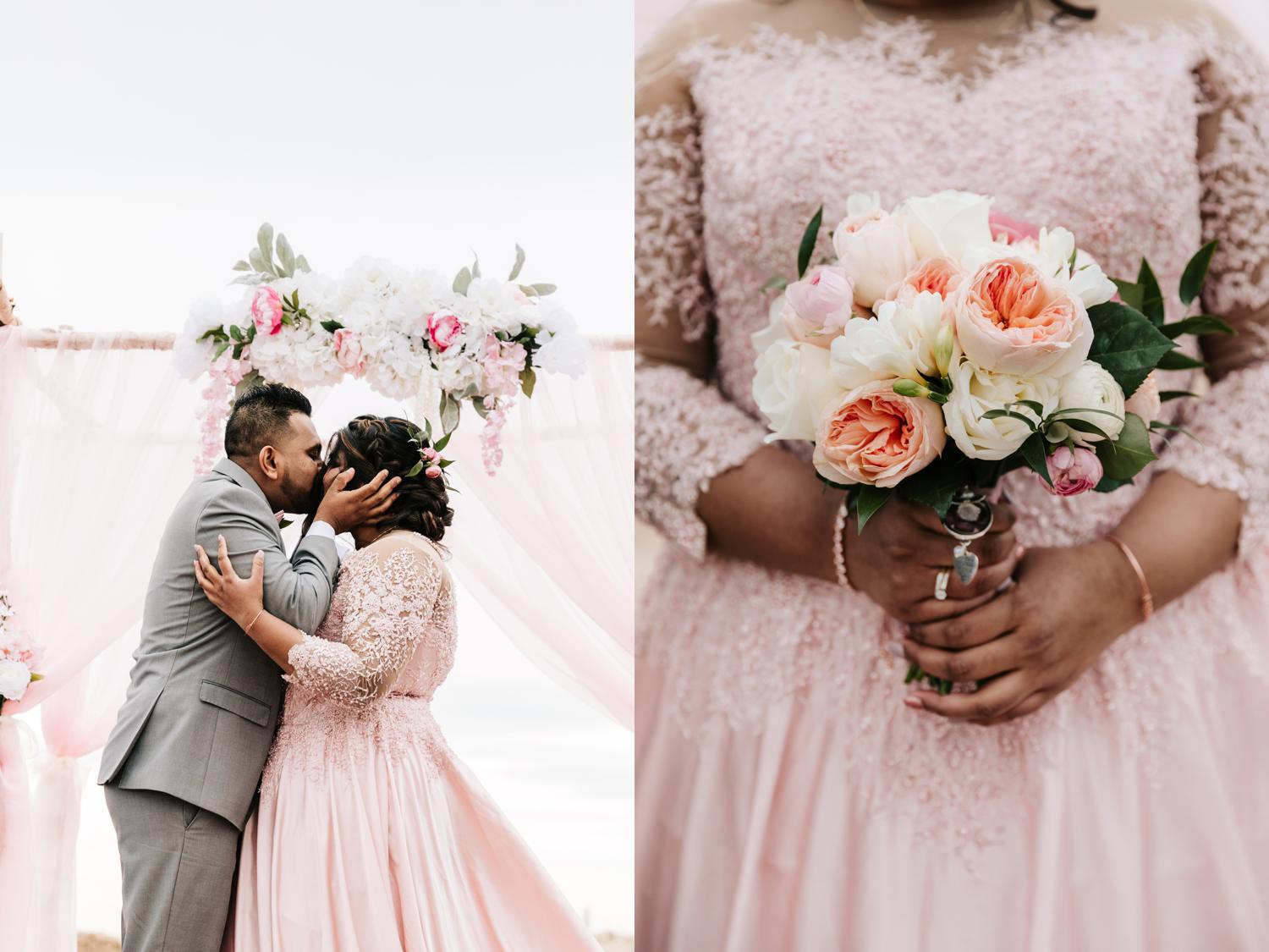 Flower bouquet with roses for intimate beach wedding