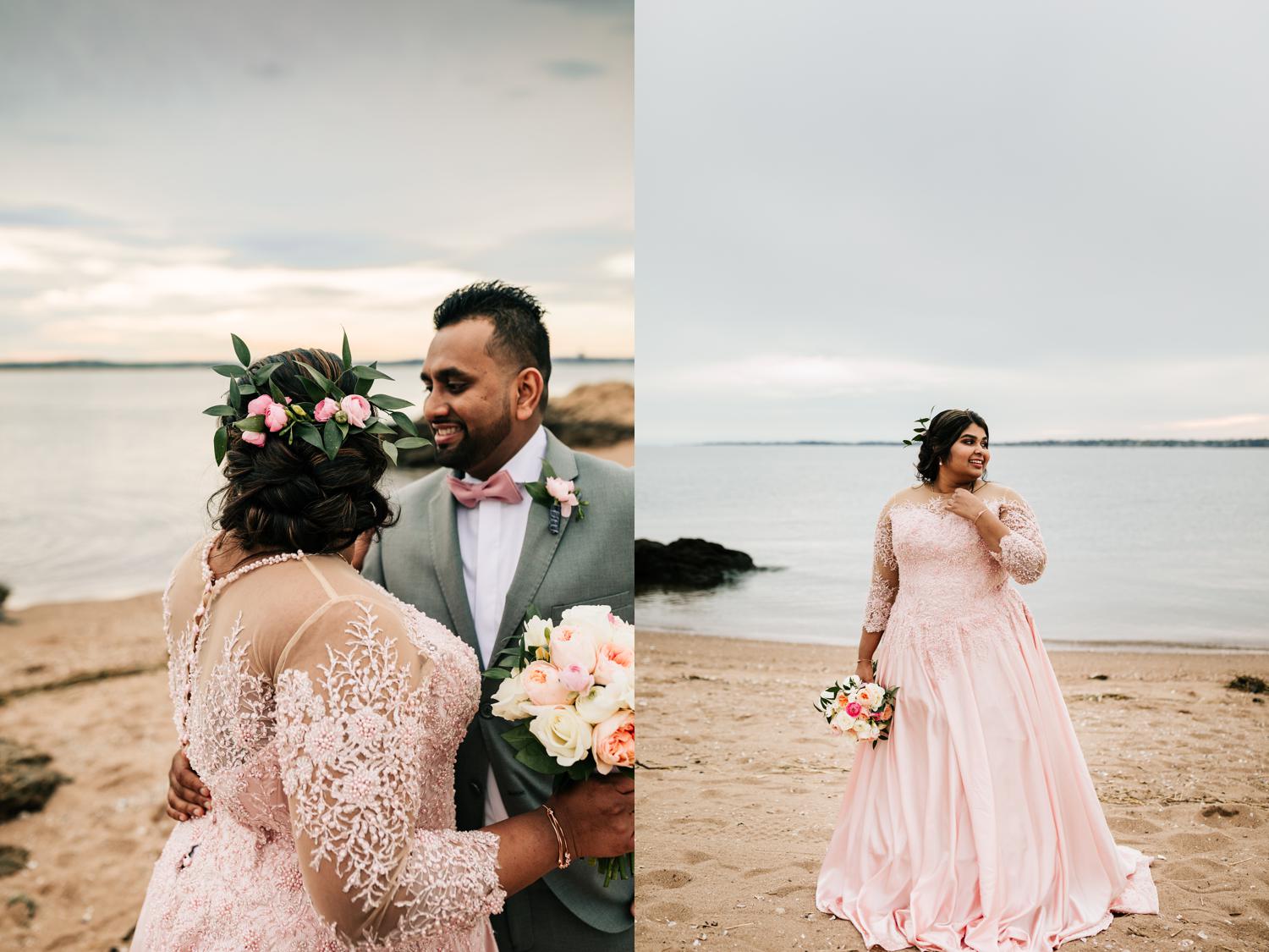 Unique greenery headpiece for bride wearing pink wedding dress