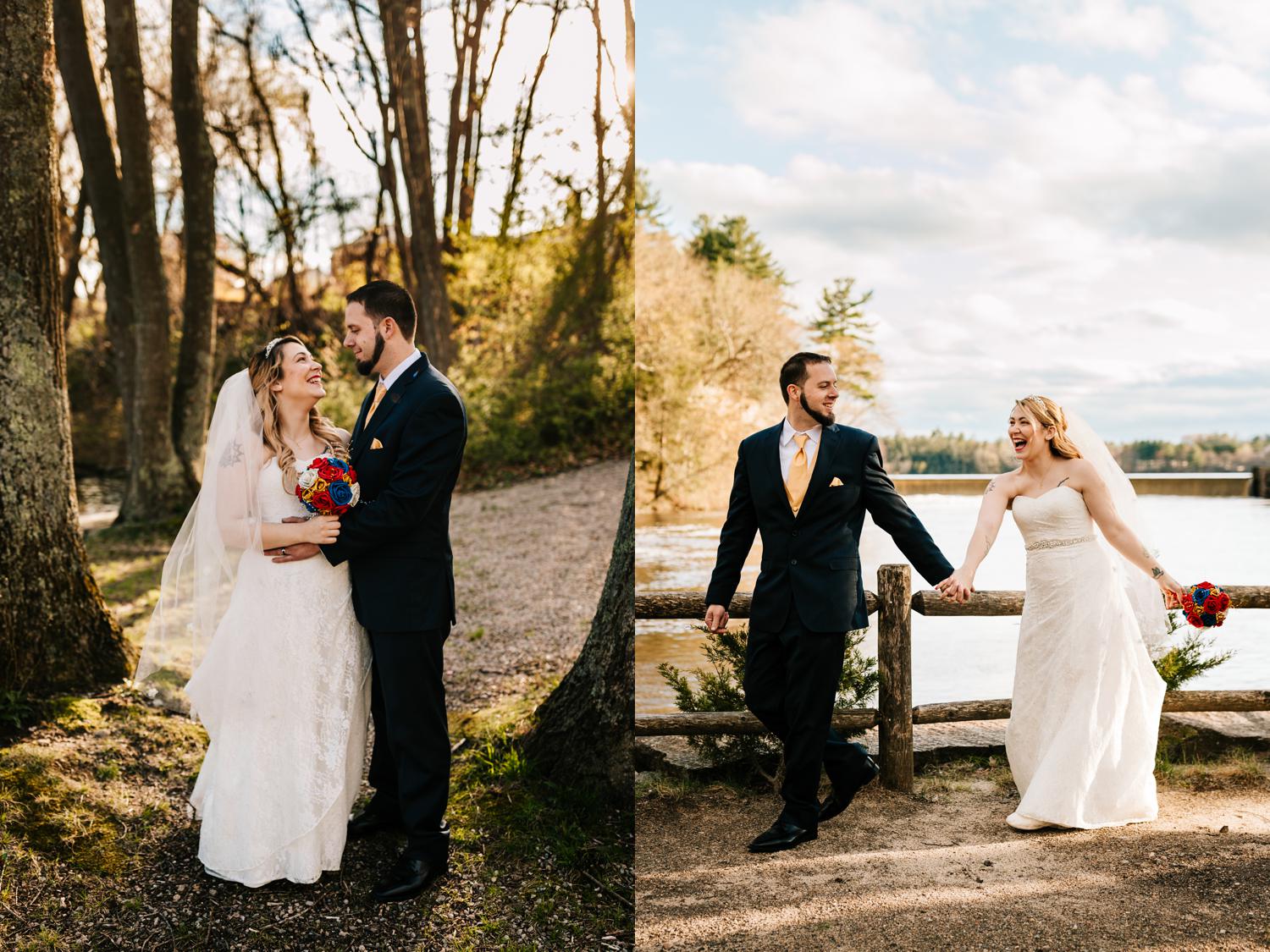 Tattooed bride and groom walking through park at golden hour