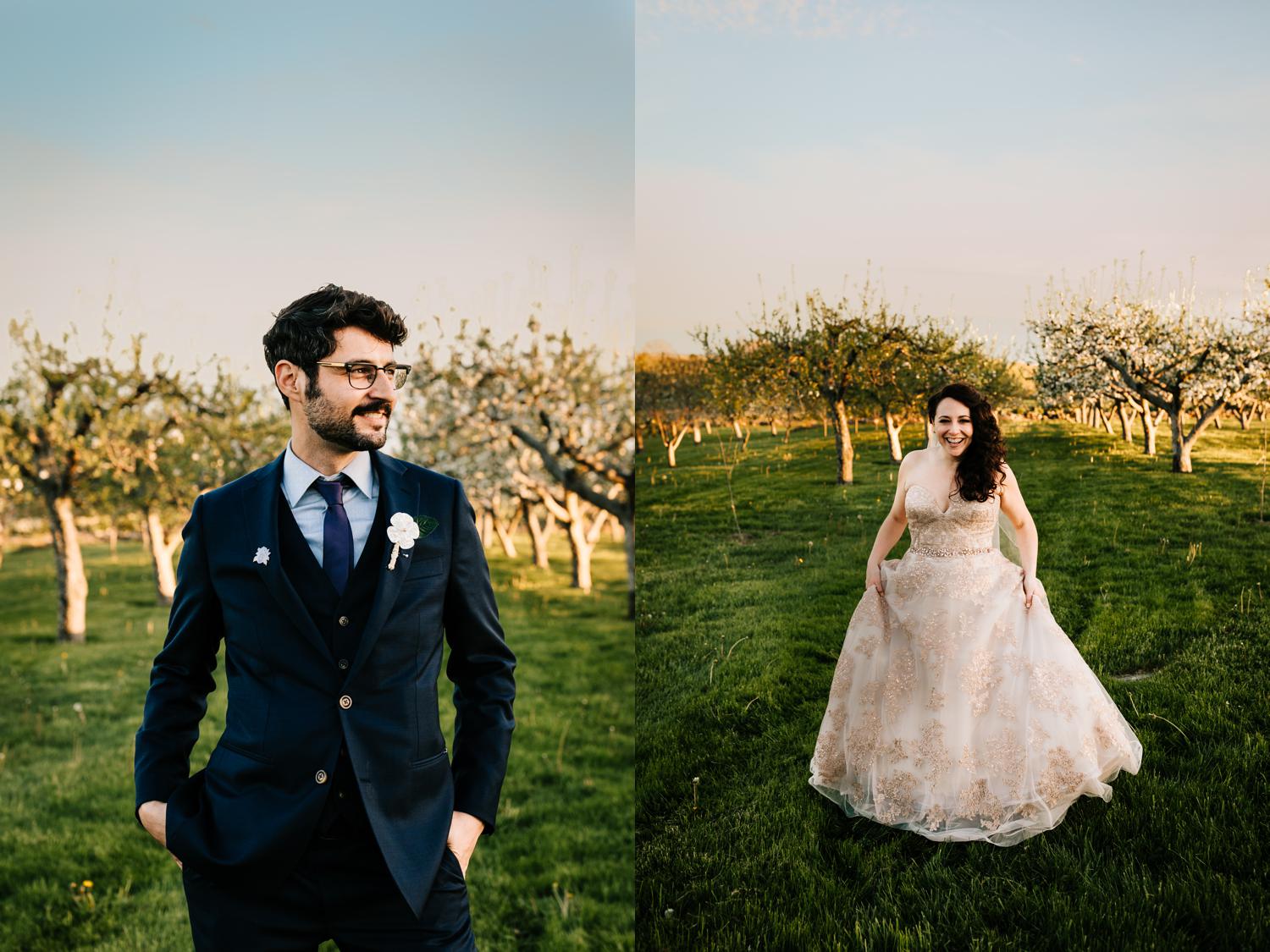 Bride and groom portraits in cherry blossom field in Santa Fe