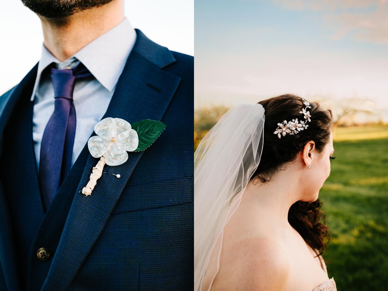 Guitar pick boutonniere and bride hairpiece for spring wedding