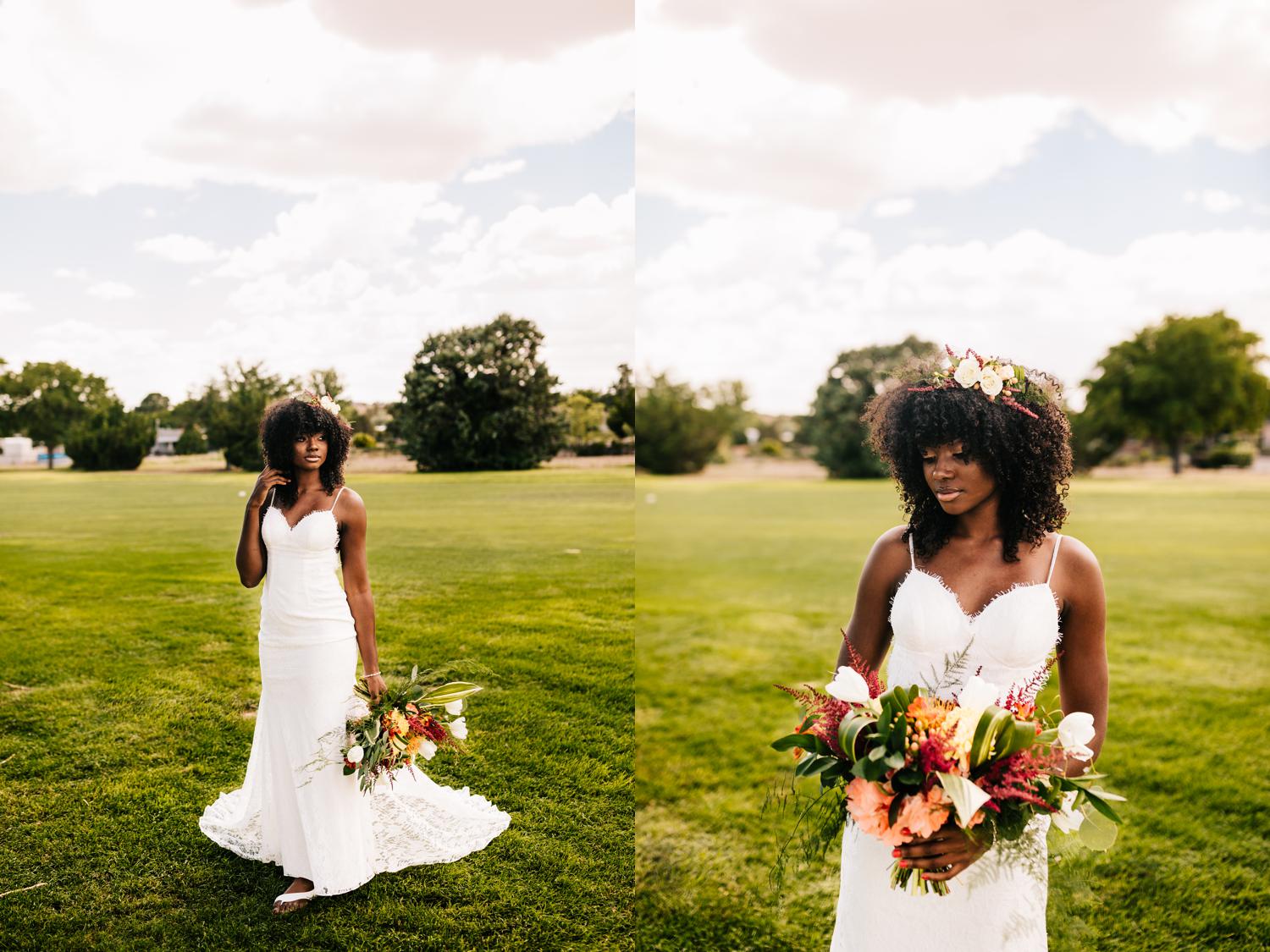 Bride in gown carrying vivid bouquet in Albuquerque, New Mexico wedding