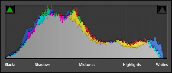 An example of a histogram, with luminance ranges labeled. (Source: photographylife.com)