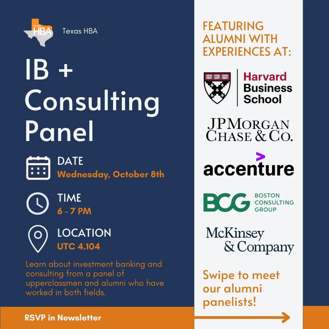 Join us Wednesday October 8th for our IB and Consulting Panel! This is a great entry point into these fields and to connect with our alumni! RSVP through the link in our link tree in our bio!