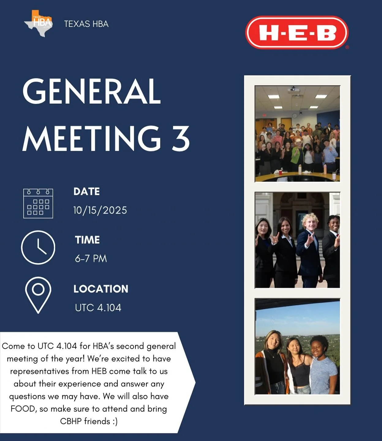 Join us this Wednesday 10/15 for our GM #3 in UTC 4.104 with HEB! This is a great opportunity to learn more about the different roles at HEB. There will be food so make sure to come, and we can&rsquo;t wait to see you there!