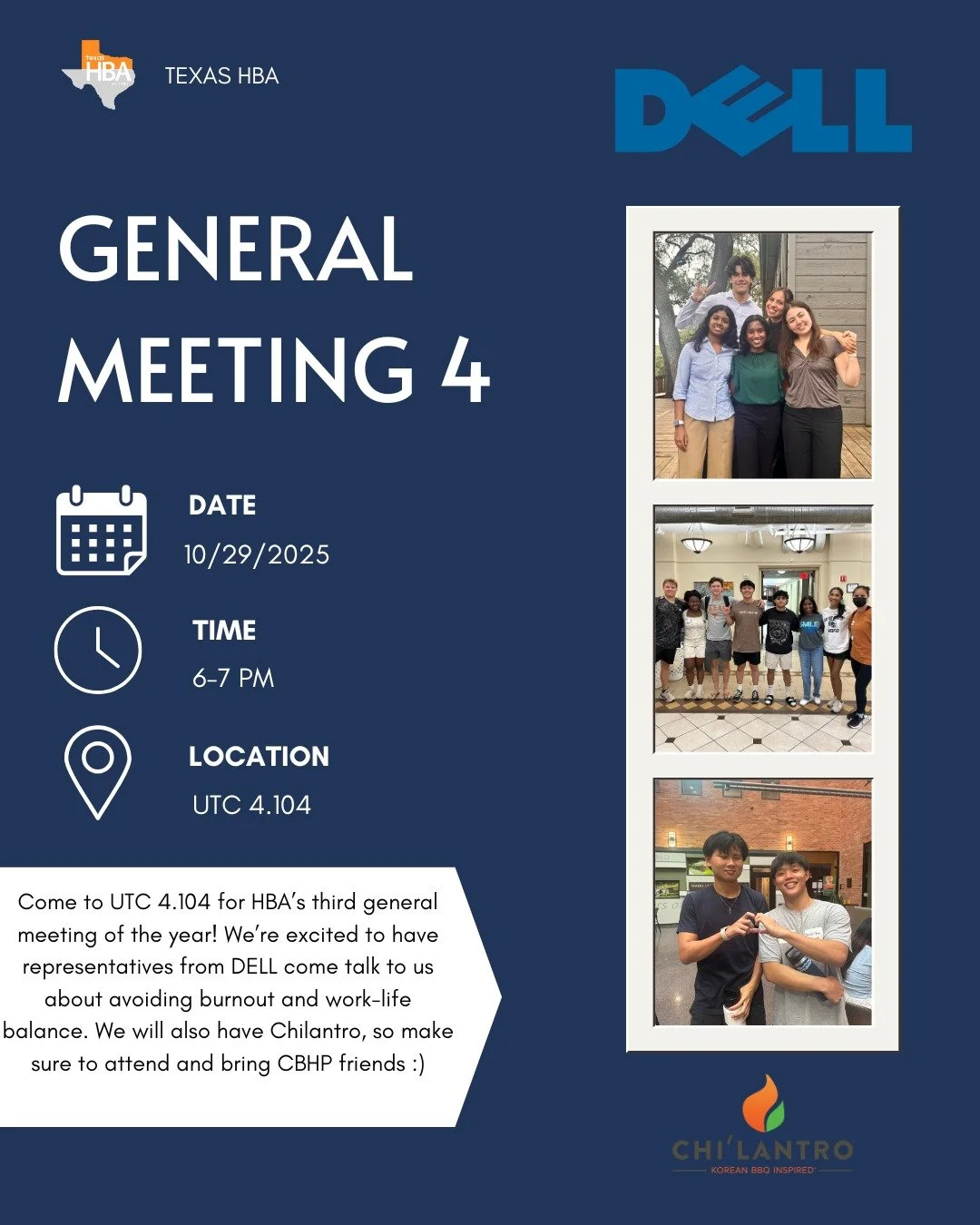 Reminder our General Meeting #4 will be next week 10/29 6-7 PM, in UTC 4.104 with Dell! We will have Chilantros, so make sure to come and bring your friends! 

Topic: Avoiding Burnout and Work-Life Balance