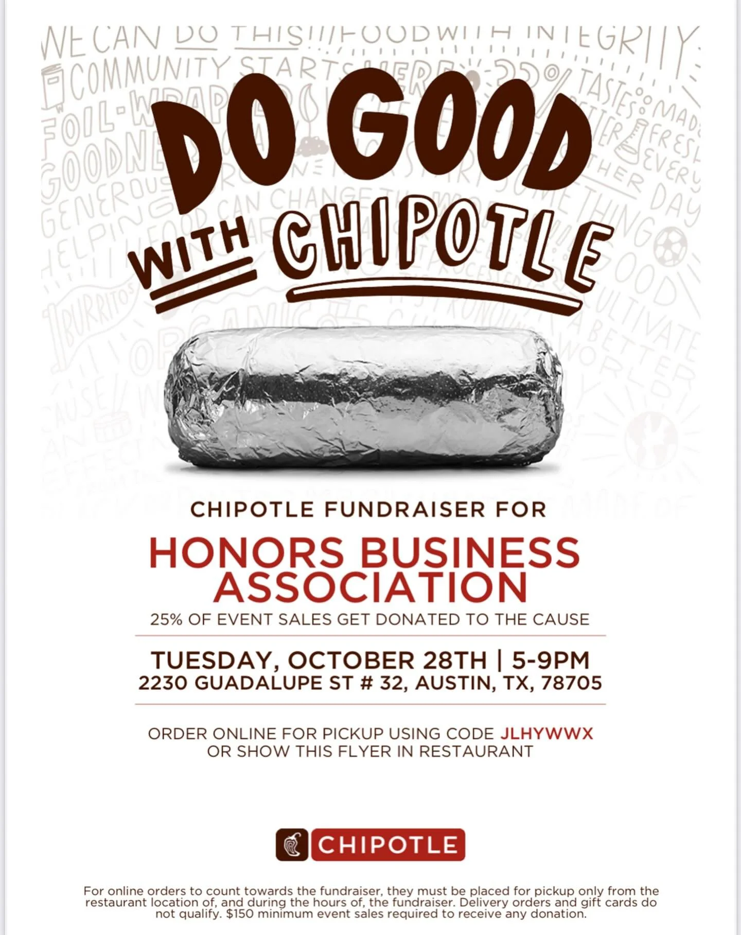 Chipotle fundraiser 5-9 PM tomorrow!! The online ordering code is JLHYWWX or order in person and show this flyer! Stop by anytime to show your support for HBA