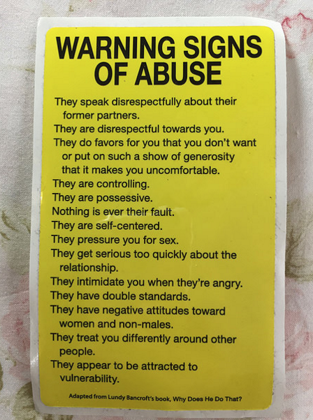 Warning Signs of abuse -sticker