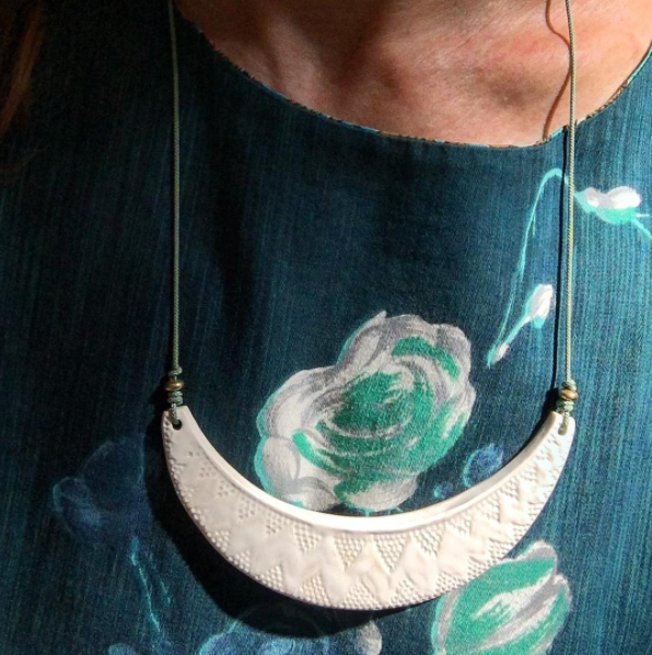 GLAZED WHITE PORCELAIN NECKLACE WITH ADJUSTABLE SILK/NYLON CORD