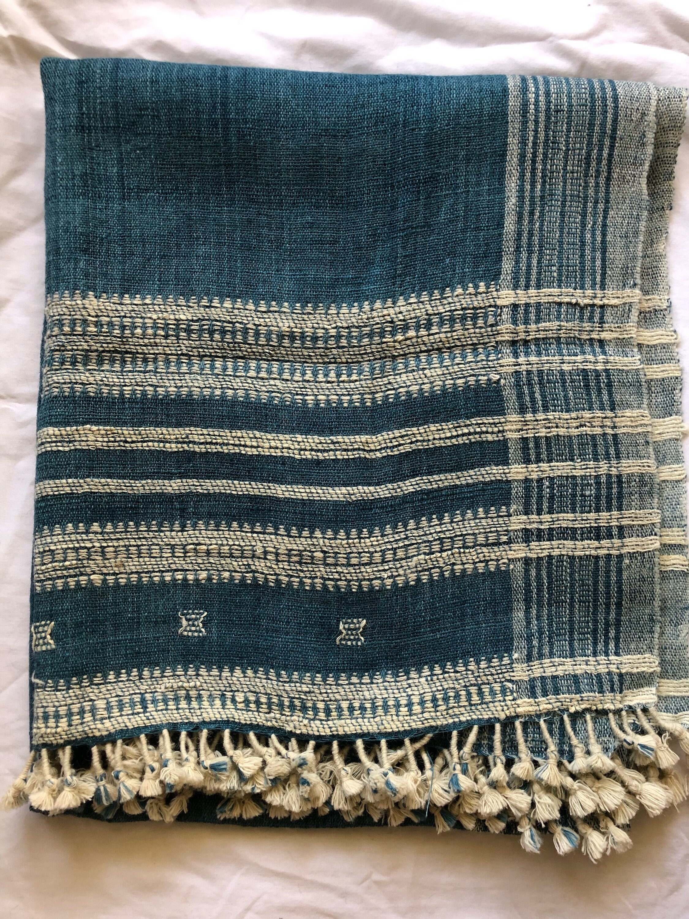 Vintage Wool Tribal Throw - Blue and White