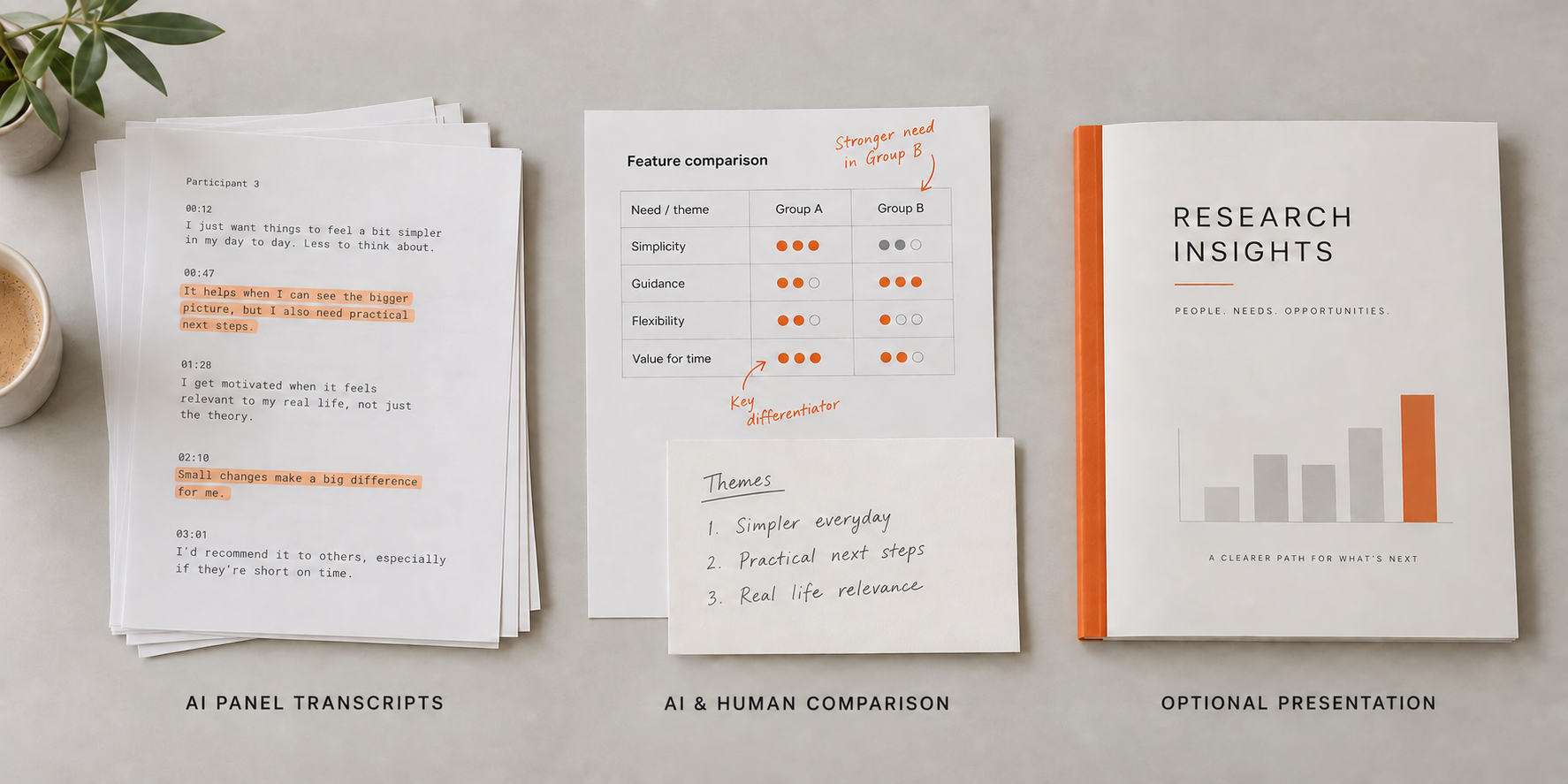 AI Panel transcripts, AI and human comparison, and optional presentation.