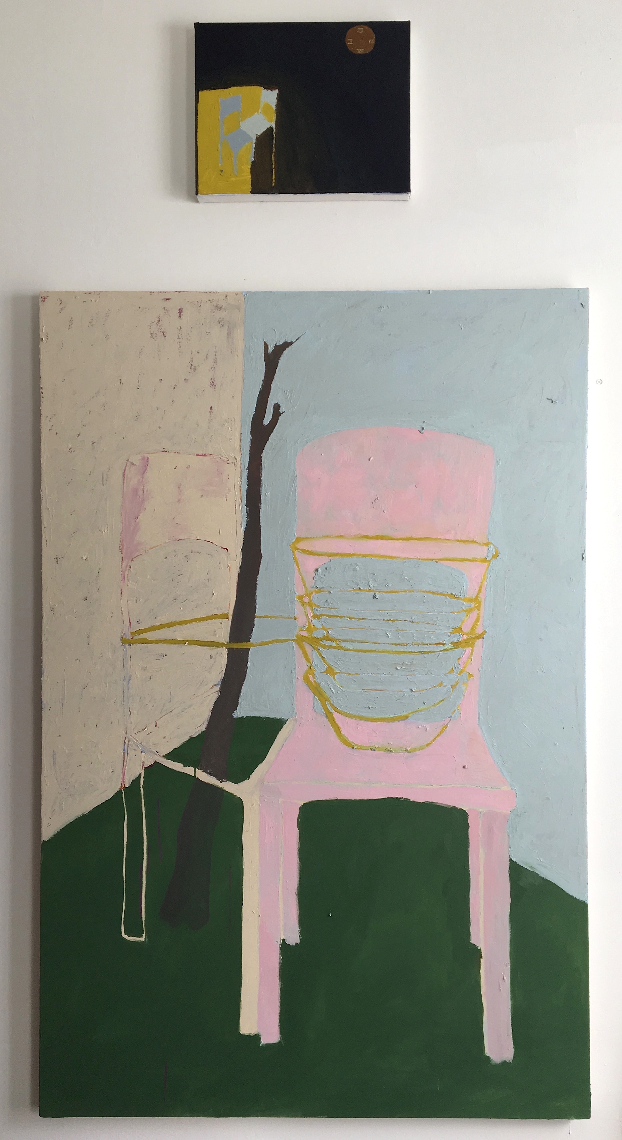  the clock or the wall (for Kirsten and Russ)  oil on canvas  54"x36" and 11"x14"  (67"x36" total) 