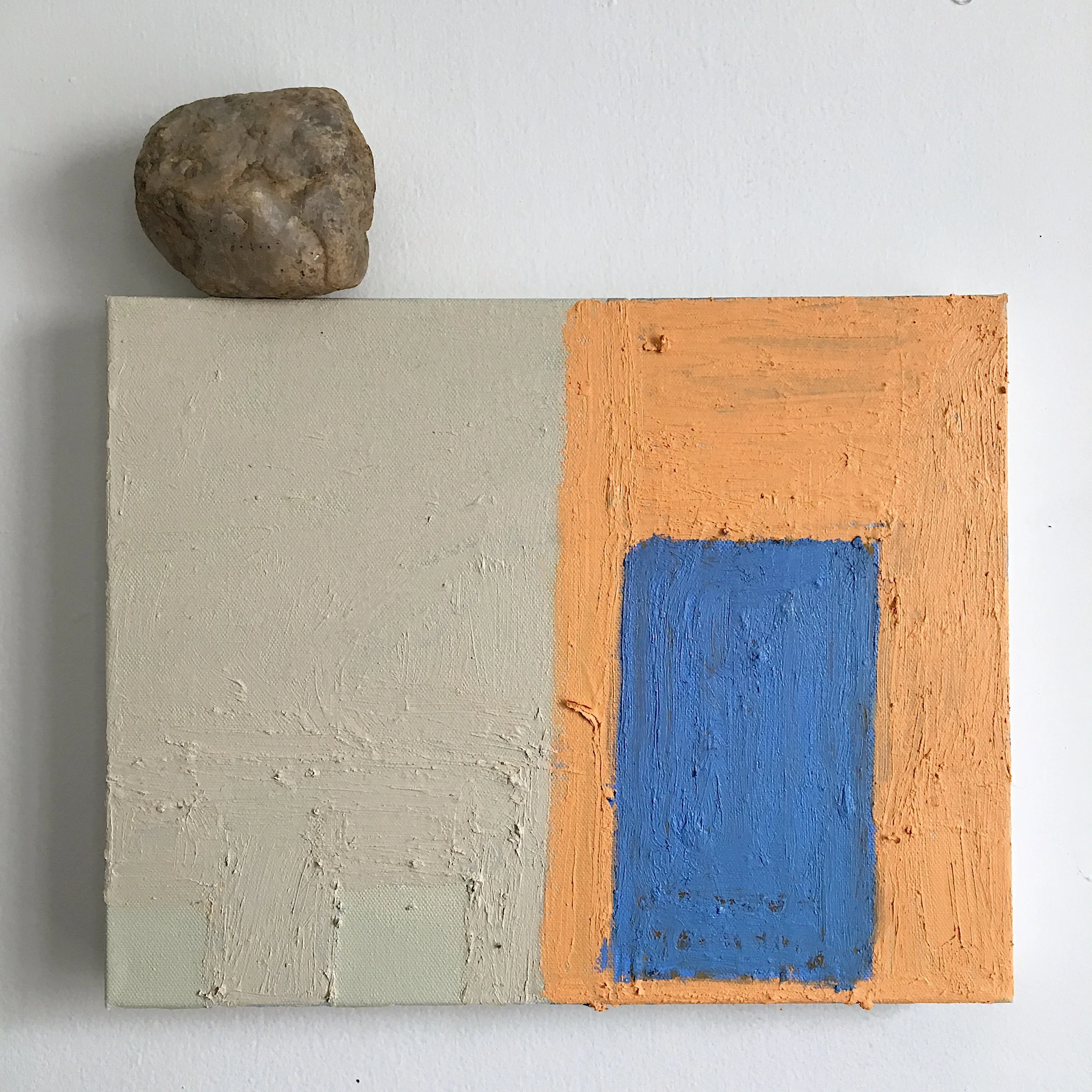  Are you afraid you’ll forget?  oil and acrylic on canvas, rock  15”x14”   