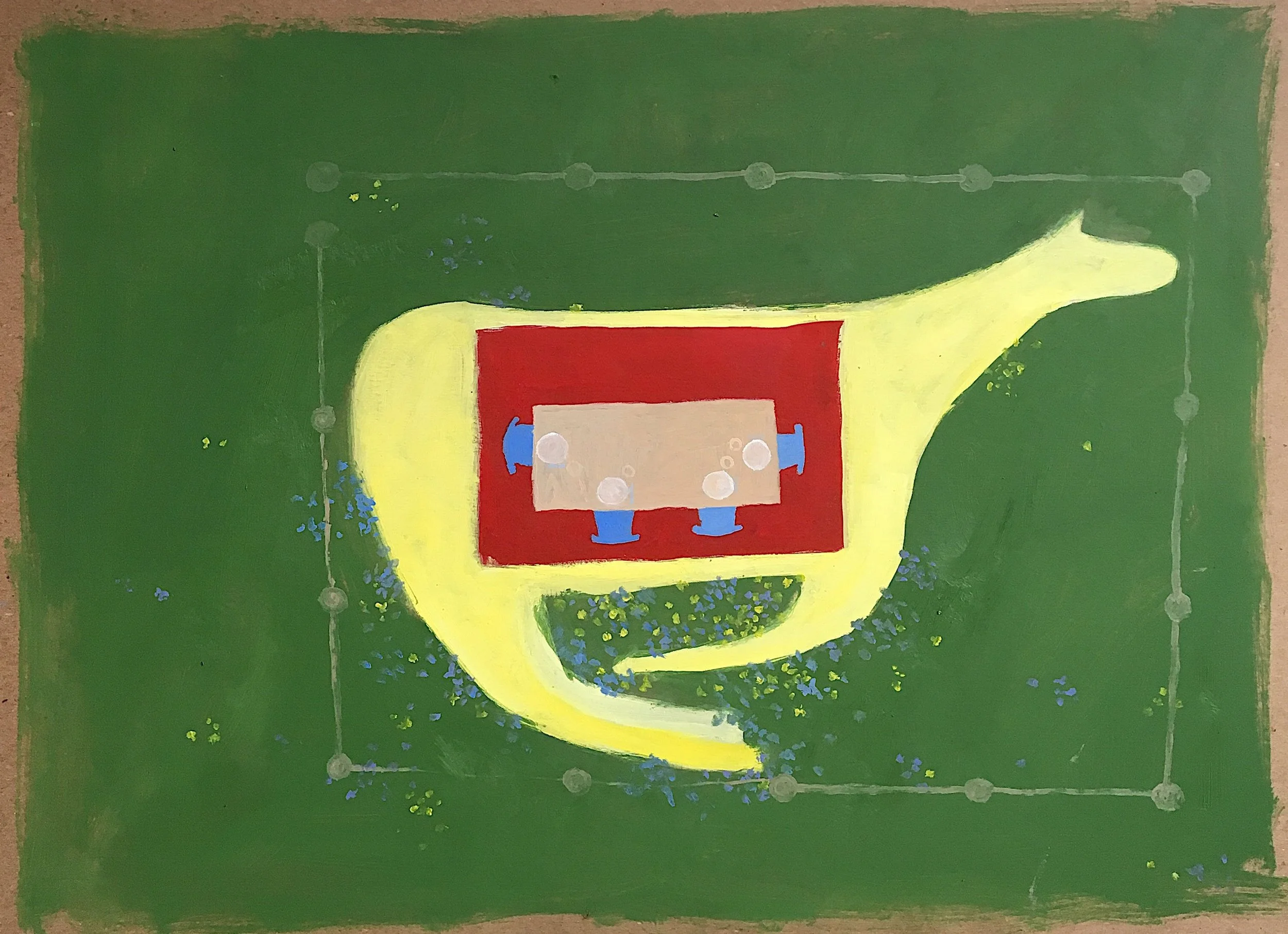  red dining room in a field  oil on binder’s board  15.5”x 20” 