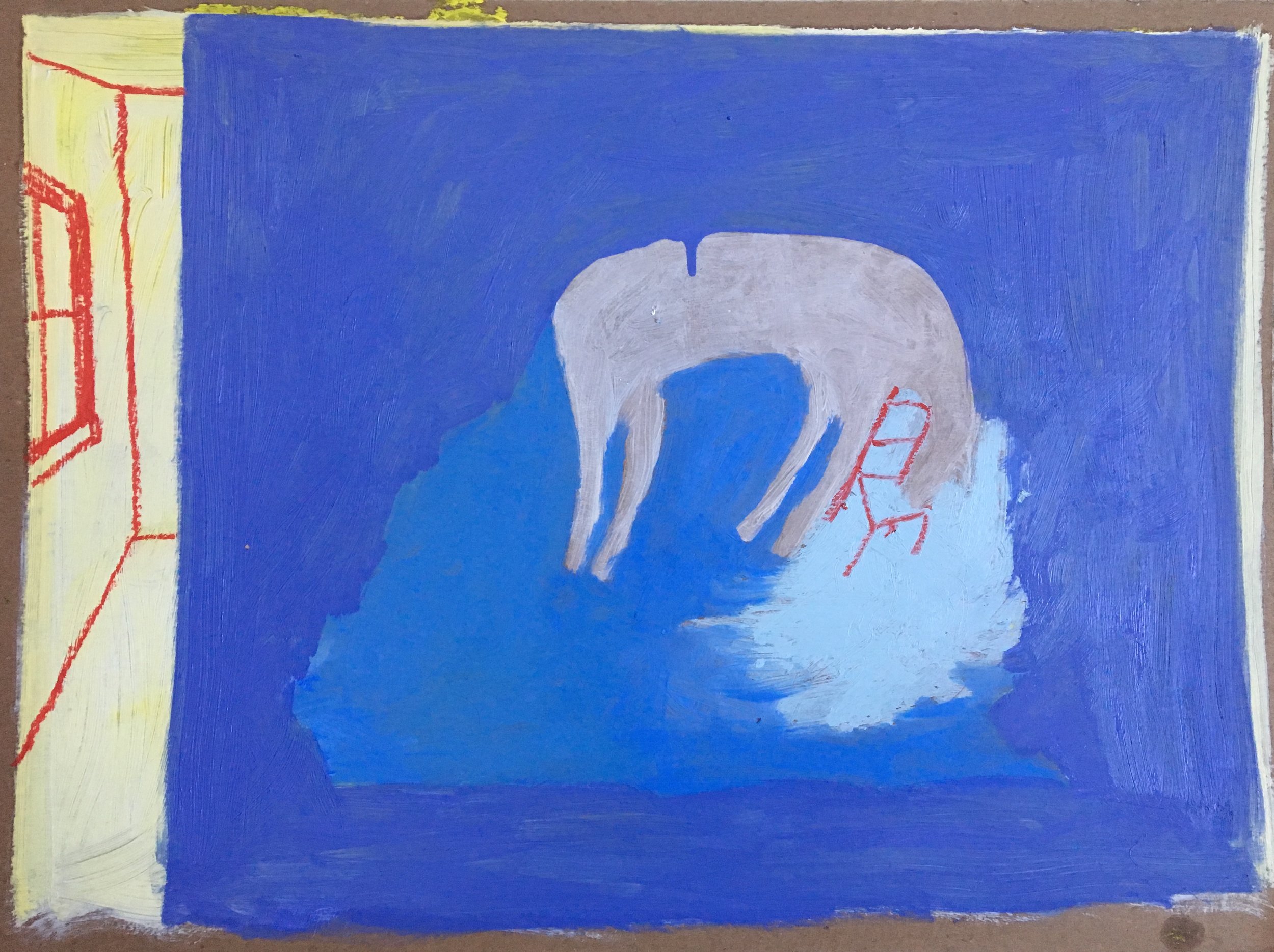  somewhere in a yellow room  oil on binder’s board  15.5” x 20” 