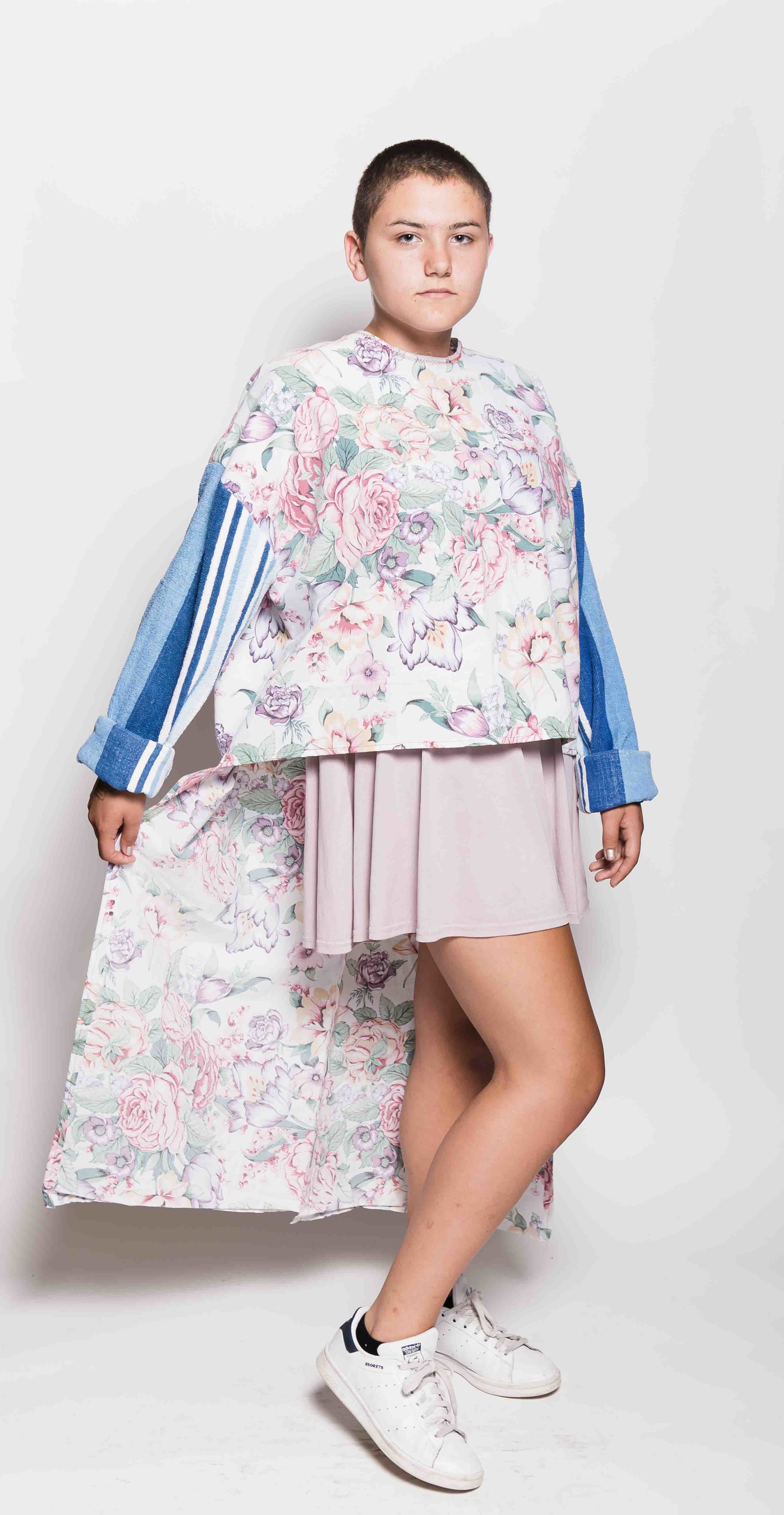 Look from a recent mini collection, top made from a tablecloth and sleeves made from towels