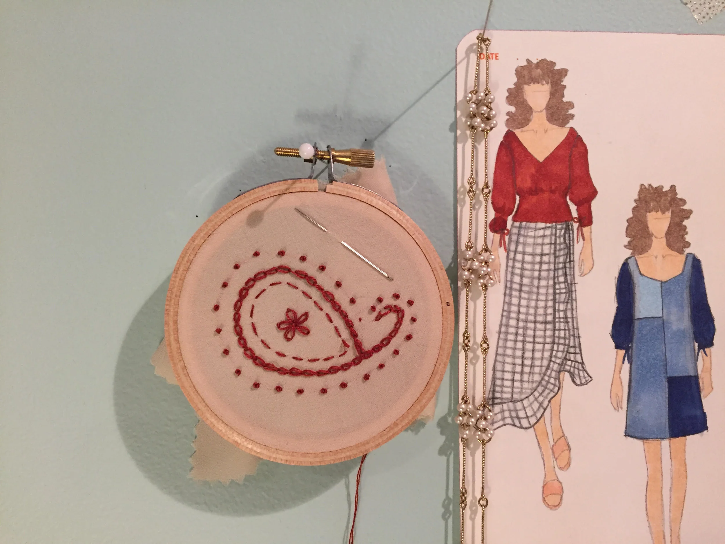 Sample embroidery and SS18 sketches
