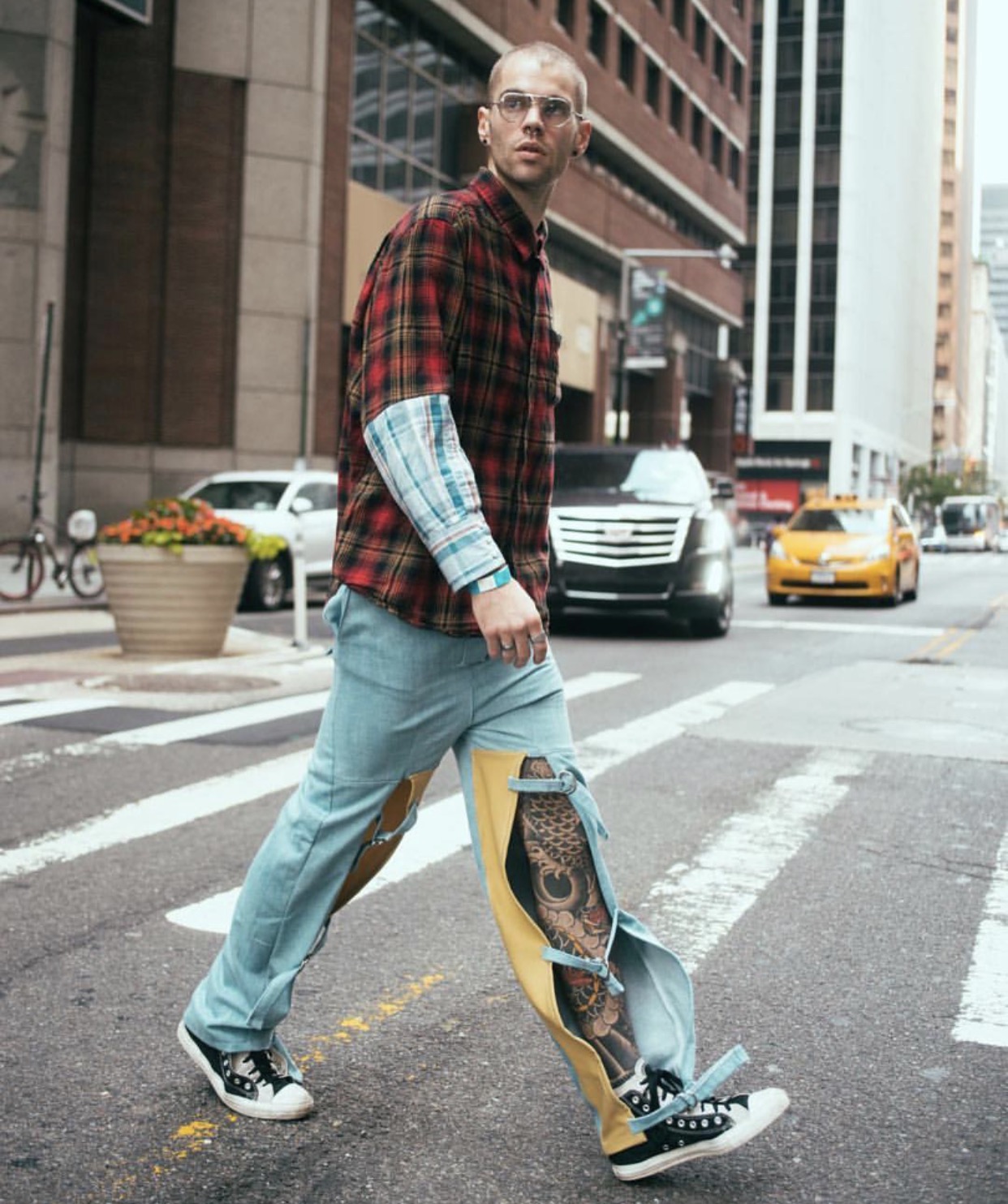 RED model Anthony Flora wearing Christopher Di Giorgio SS18 Pants during NYFW. 