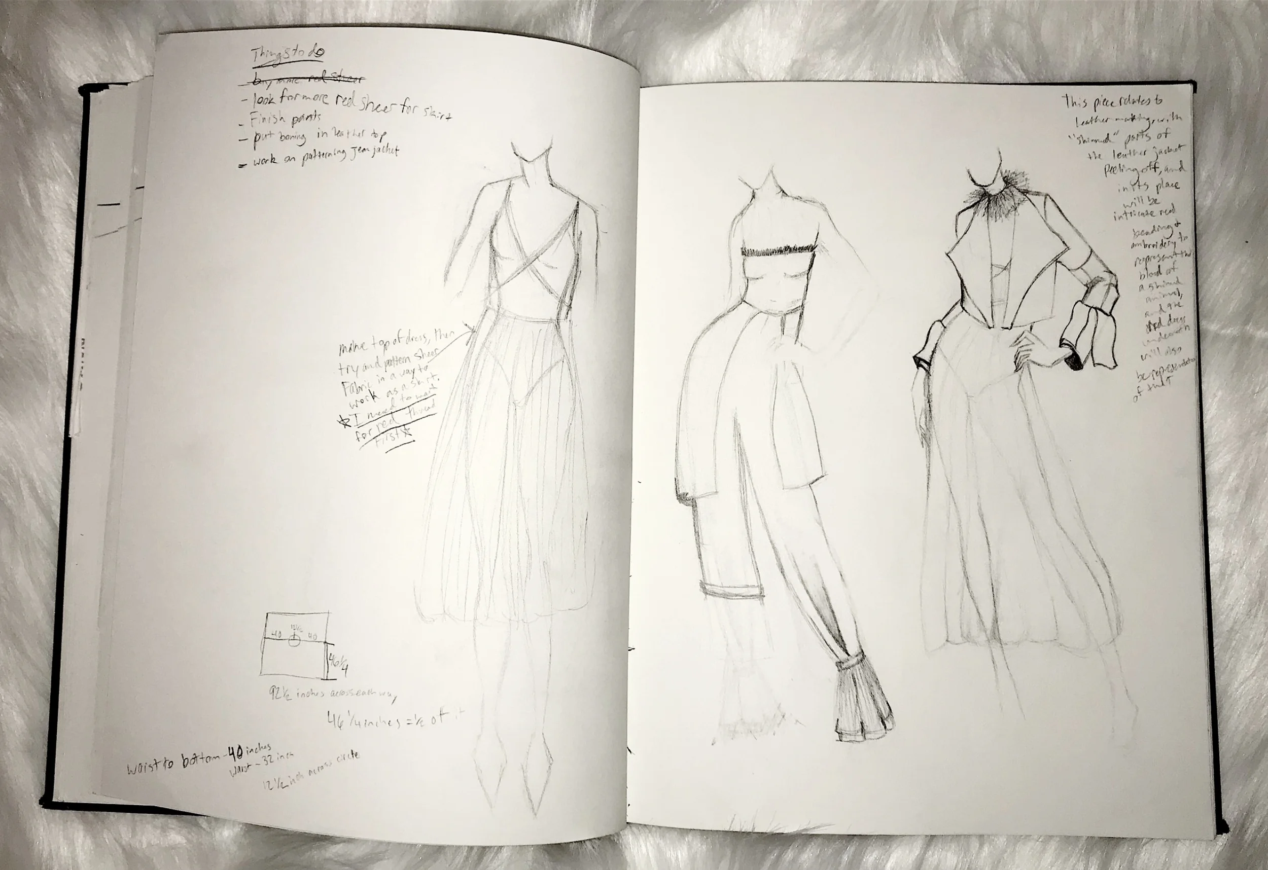 The designer's sketchbook, with a more detailed look at the creation process of the red sheer dress.