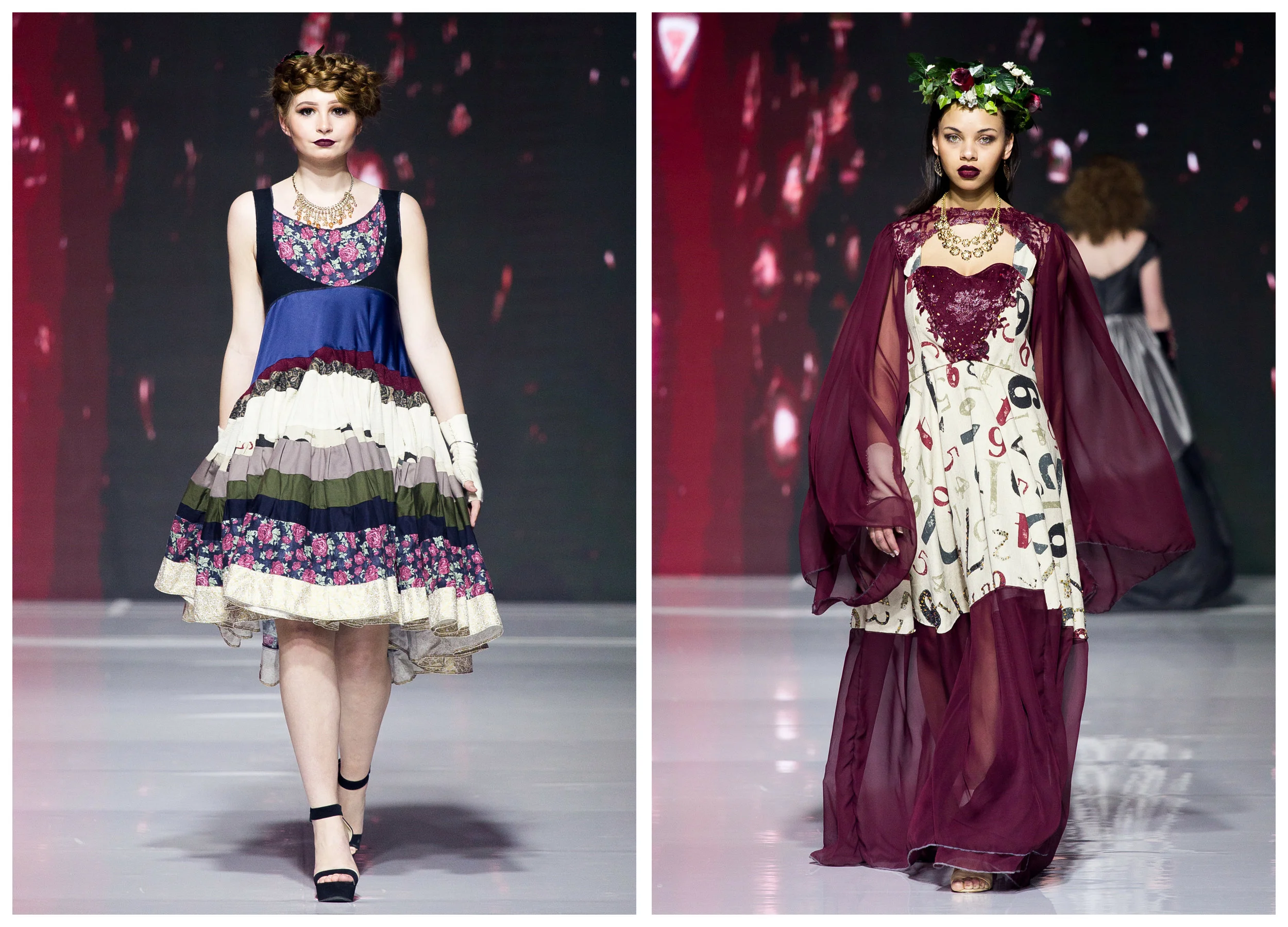 LEFT: Lauren calls this dress the Hundred Yard Dress. While not actually 100 yards, the dress does consist of quite a bit, with just the bottom panel using a whole 2 3/4 yards of material. RIGHT: Chiffon and burlap come together to make this stunning hand beaded gown with a chiffon sleeved vest over top, hand embroidered and beaded as well.