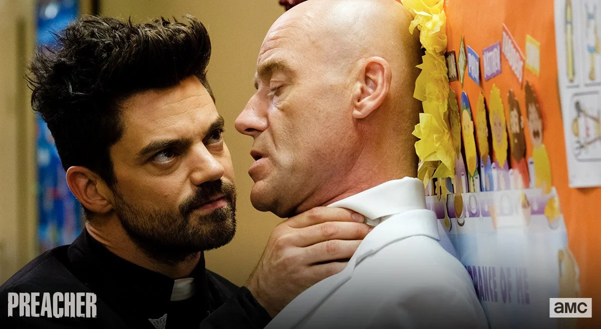 Dominic Cooper as Jesse Custer, Pip Torrens as Herr Starr. Photo: Alfonso Bresciani/AMC/Sony Pictures Television