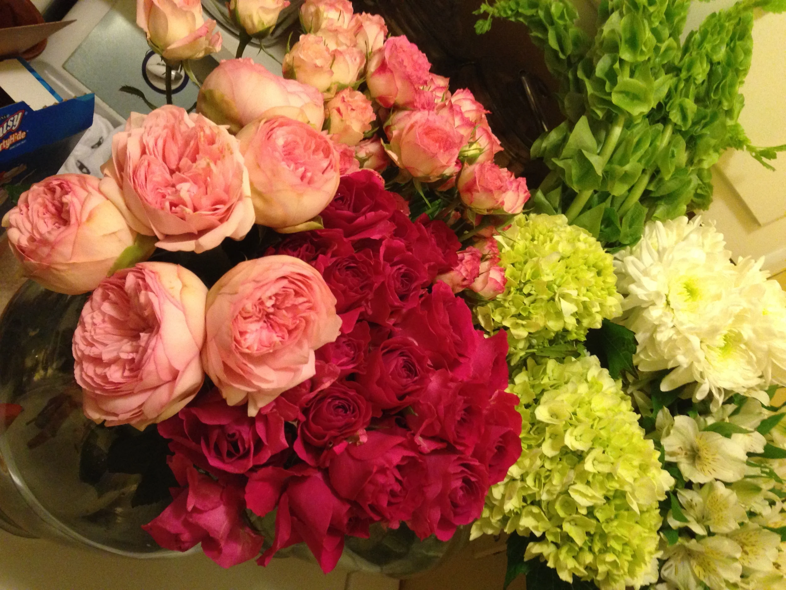 Garden Roses . Hot Pink Roses . Bells of Ireland . 