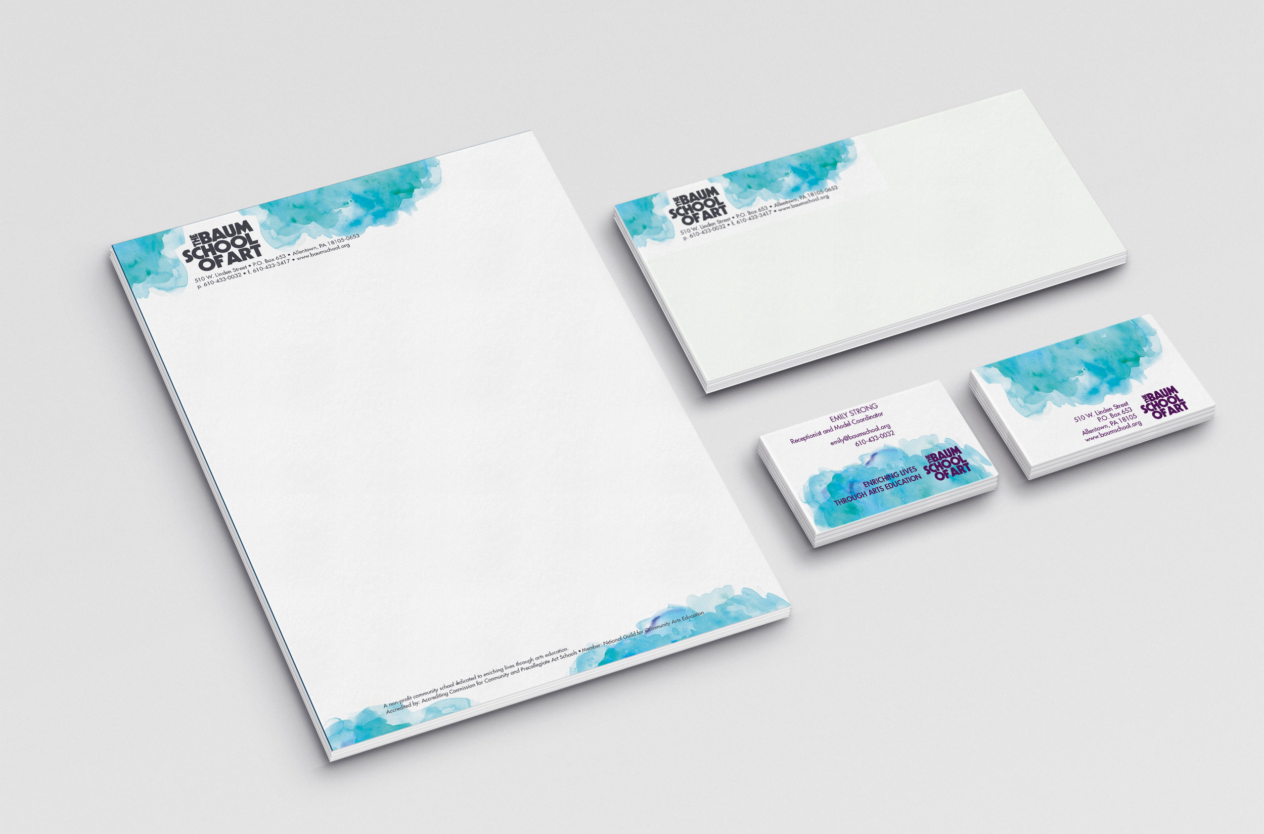   Baum School of Art – Allentown, PA Non-profit Community Art School  Baum School of Art Stationery consisting of letterhead, envelope, and double-sided business cards. 