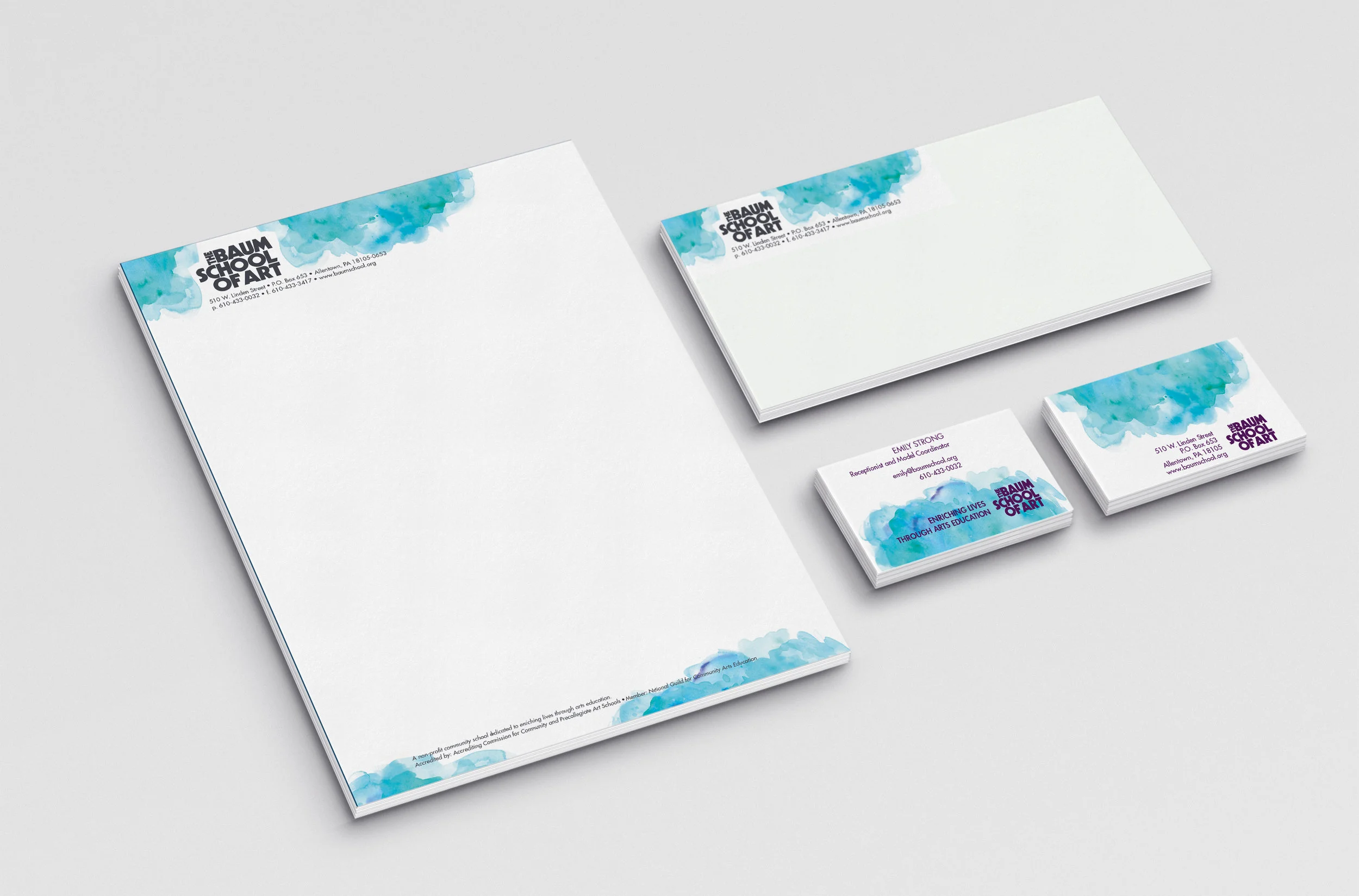 Baum School of Art – Allentown, PA Non-profit Community Art School Baum School of Art Stationery consisting of letterhead, envelope, and double-sided business cards.