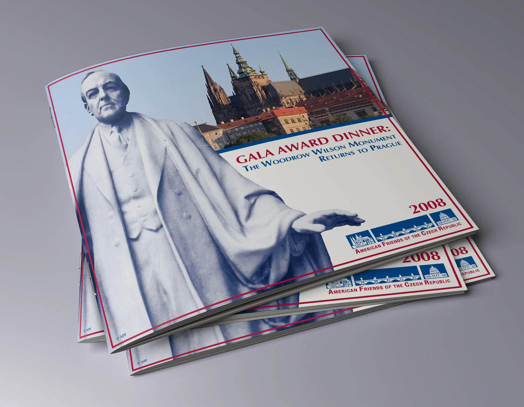 American Friends of the Czech Republic (AFoCR) Washington DC, – Houston, TX AFoCR is an American Advocacy Organization The Woodrow Wilson Monument fund-raising Gala honored two U.S. astronauts Captains Eugene Cernan and James Lovell, Jr. The three-part invitation and 48-page program design was kept cohesive and layout was clean and simple. The Optima font was used for its elegant readability. The colors are consistent with the flags of both nations.