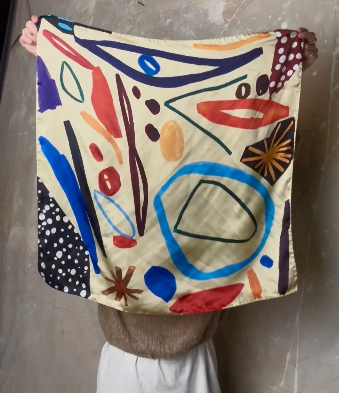 Ashley Mary silk  scarf design with bright bold painted marks and polka dot details