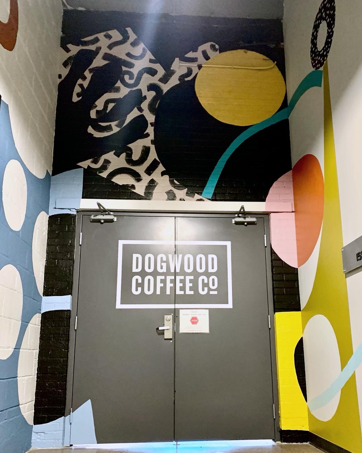 It&rsquo;s been a full year since working on this multi-mural install for the Crown/Frost building with @r2companies . If you ever walk through the inside doors of @dogwoodcoffee NE, you&rsquo;ll find lots of color riddled throughout the building. Th