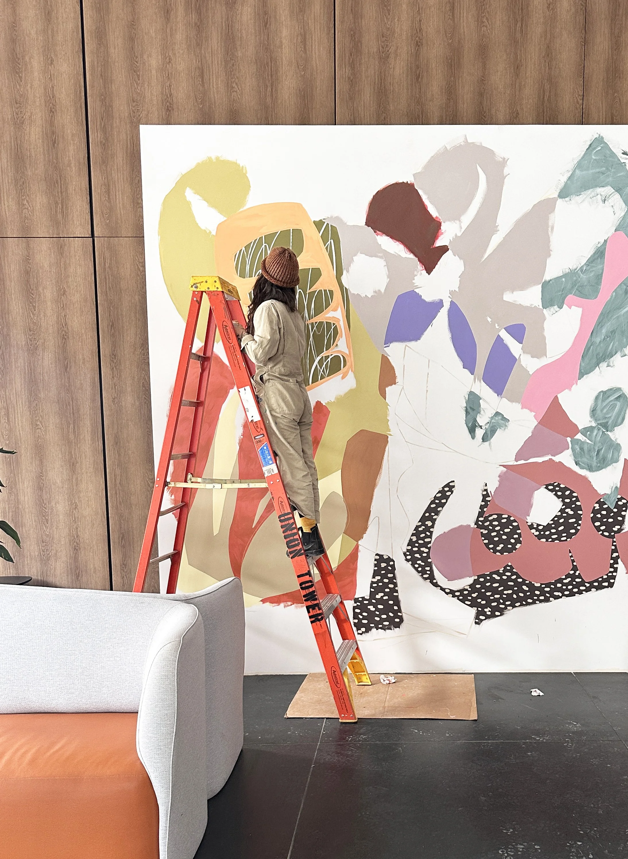 Large scale colorful abstract mural by Ashley Mary for lobby space Chicago, IL