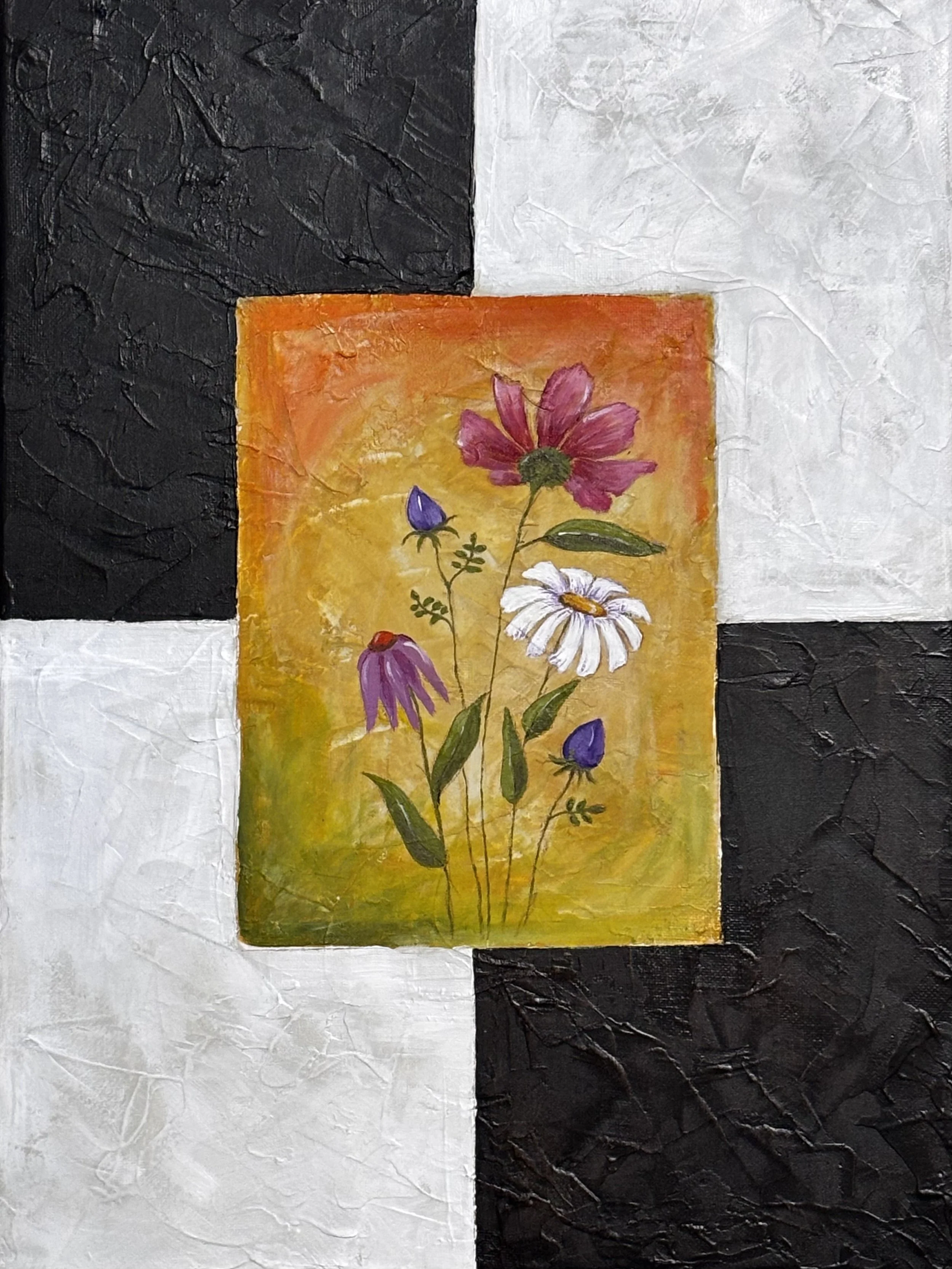 floral painting with black and white textured background by Deb Karash