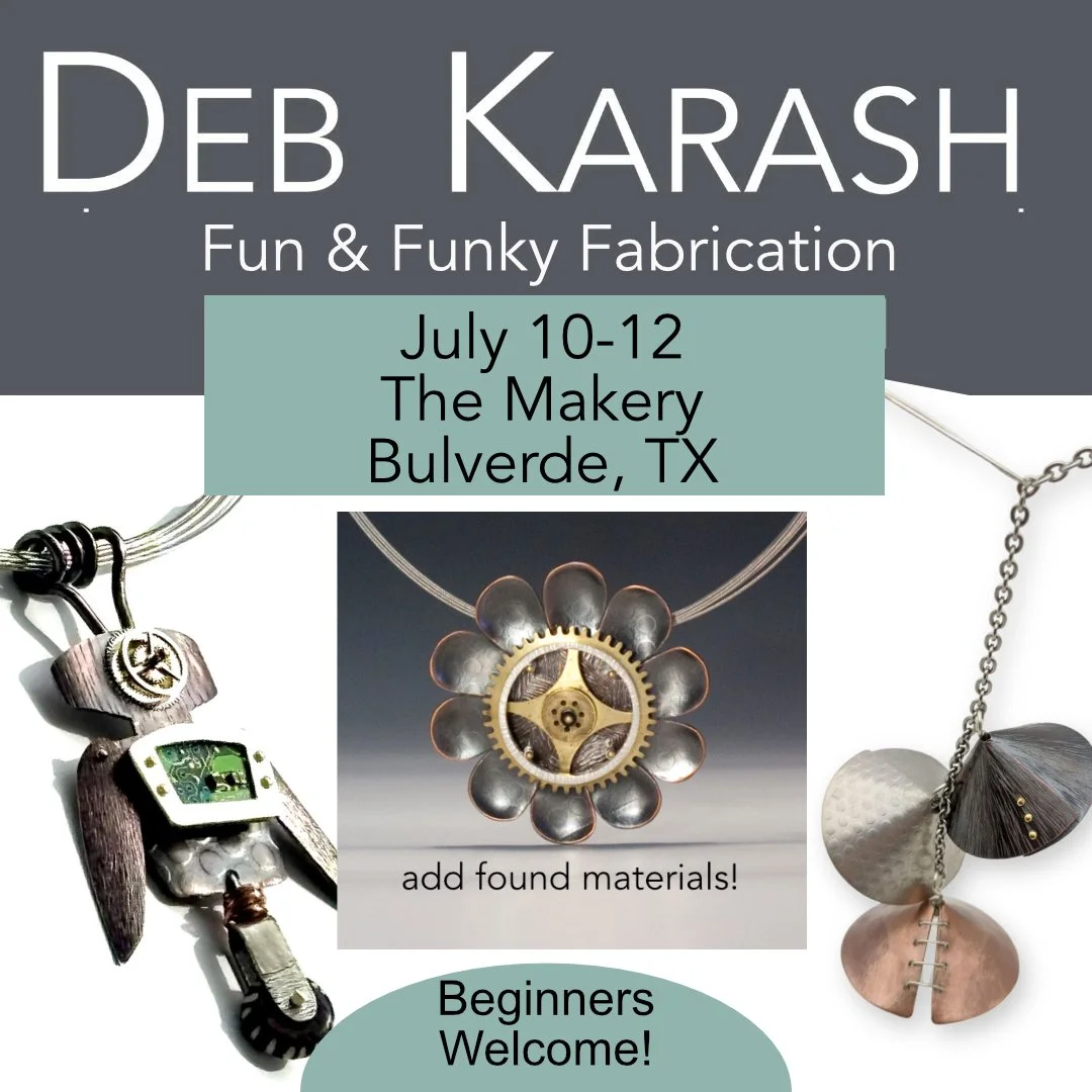 Jewelry making fabrication workshop with Deb Karash at the Makery.  Mixed material jewelry.