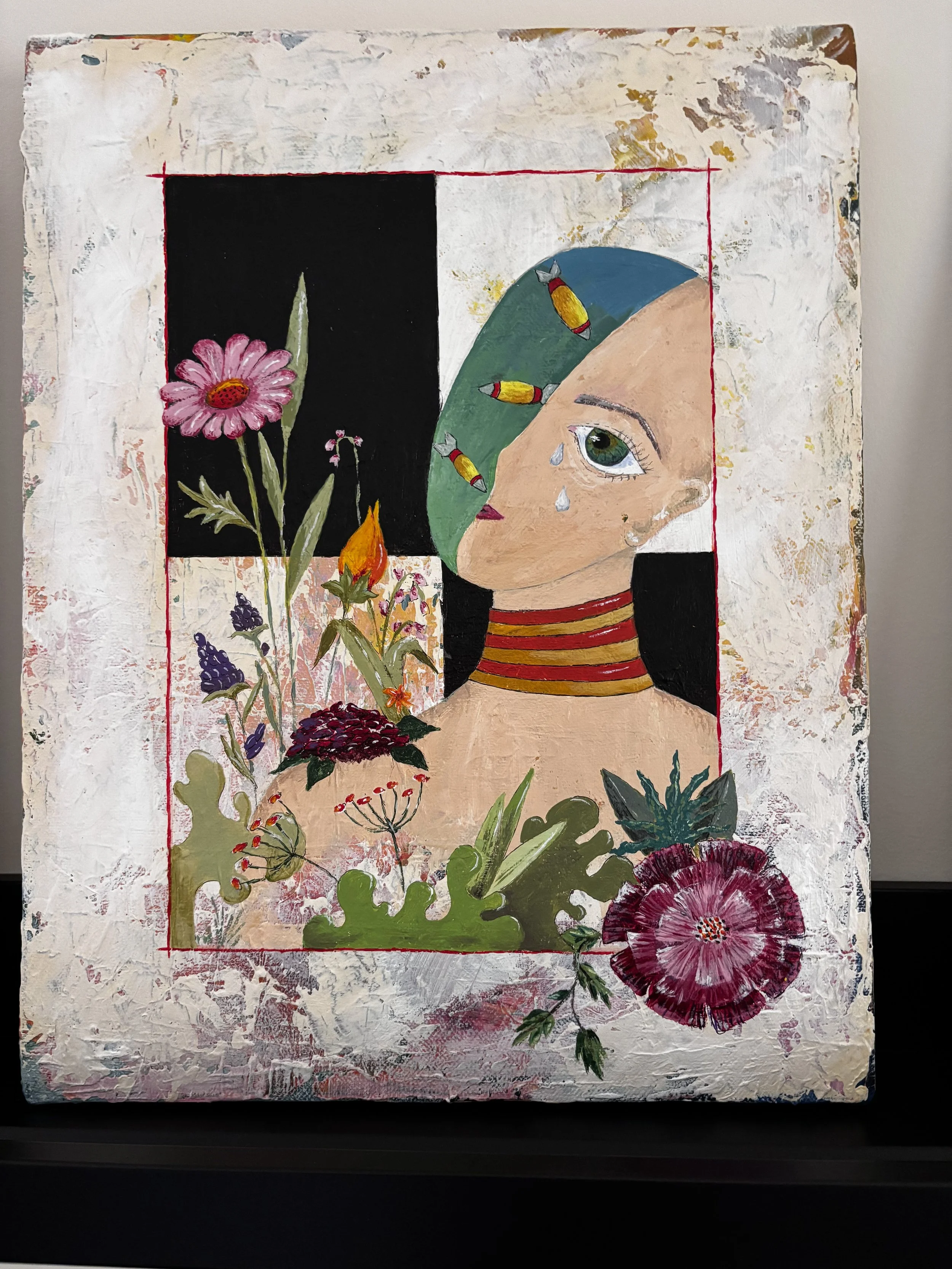 ACRYLIC PAINTING BY DEB KARASH POLITICAL FLORAL FIGURAL TEXTURE