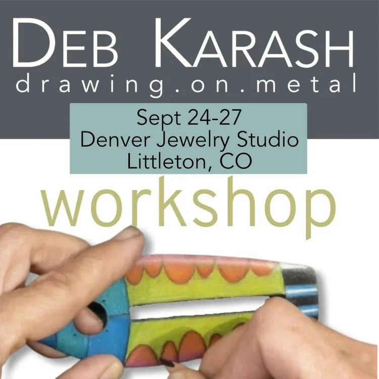 Jewelry making class.  Drawing on Metal workshop.  Prismacolor on copper.  Denver Jewelry Studio.  Deb Karash