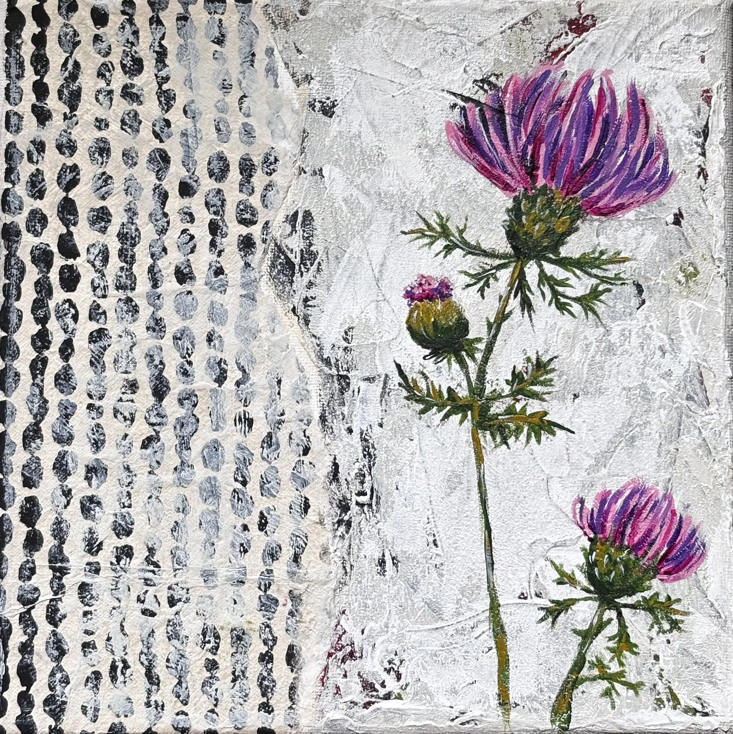 Thistle acrylic painting on canvas with paper collage