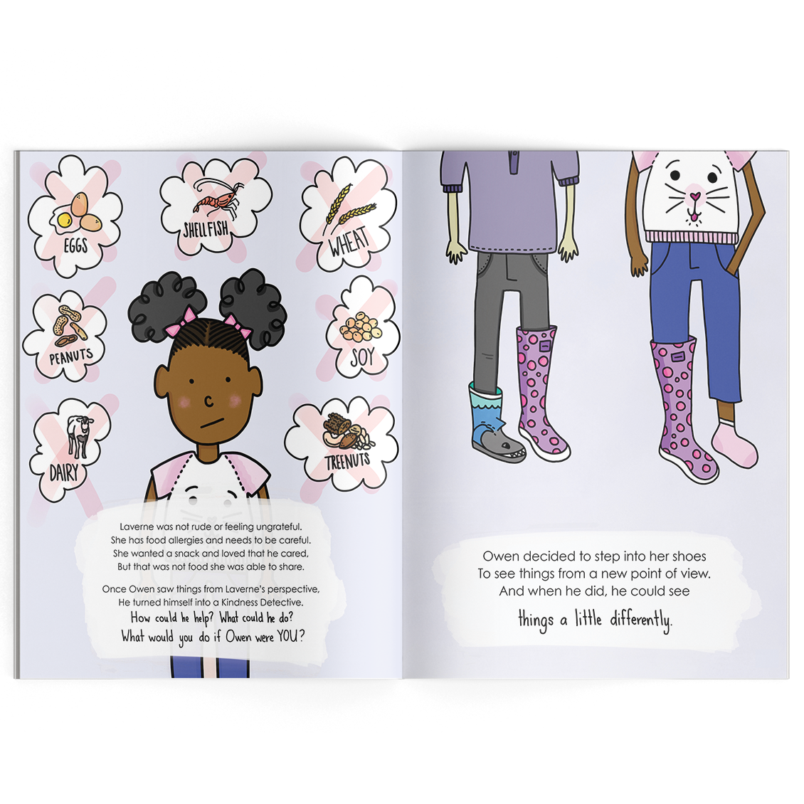 Illustrated spread with focus on food allergies and how important it is to listen to friends that have food allergies. 