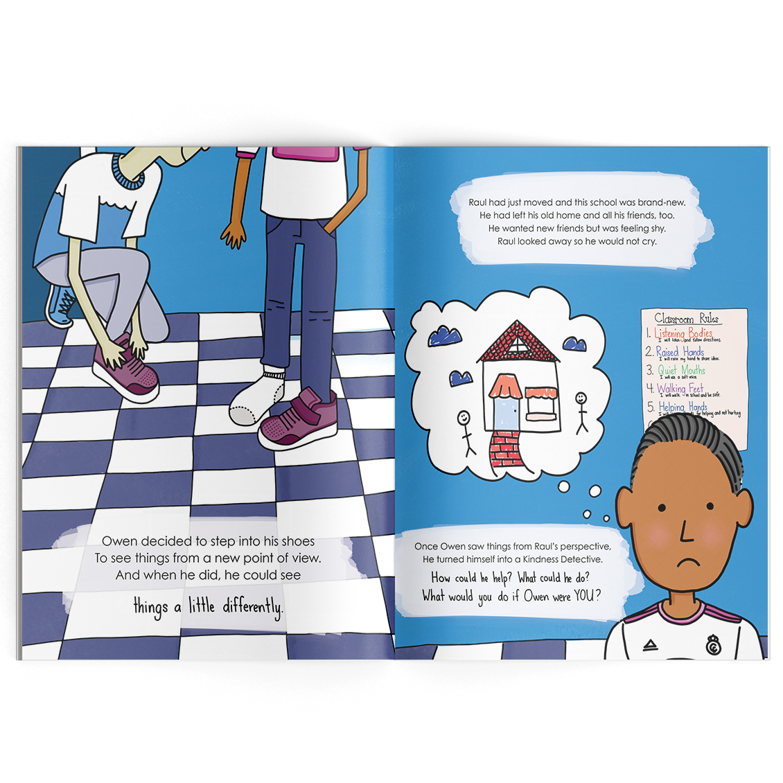 The main character is focusing on a new student that is stressed about his new school. 