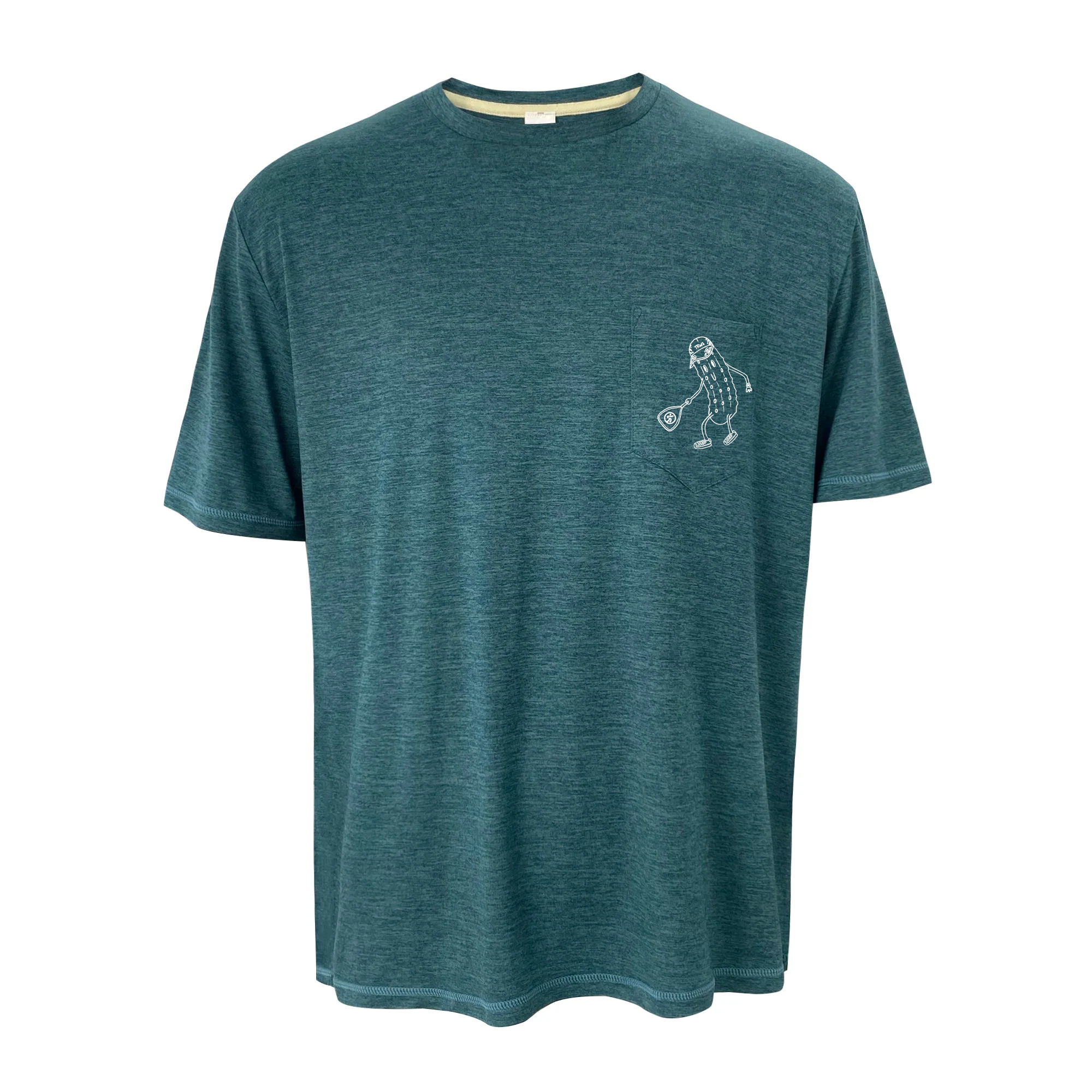 Pickleball shirt with icon of a pickle playing pickleball. 