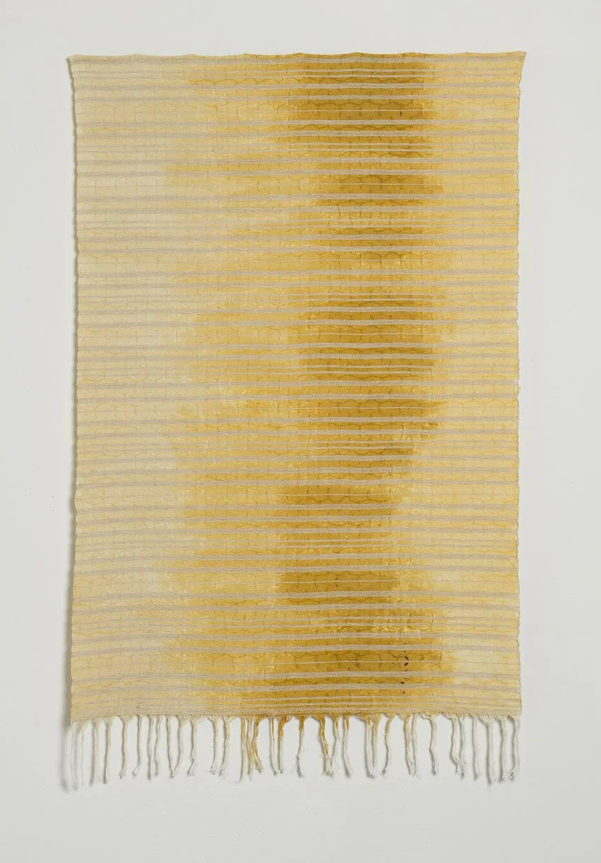 Woven Shibori (Yellow Wallhanging) <P> <P> <font size = 2>2011; Cotton, olefin. Handwoven, hand-dyed. <P></font>