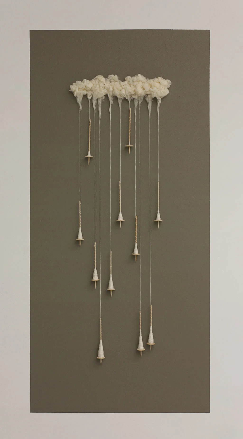 Drop Spin <P> <P> <font size = 2>2015; Handspun cotton, wooden spindles, raw cotton. <P></font>