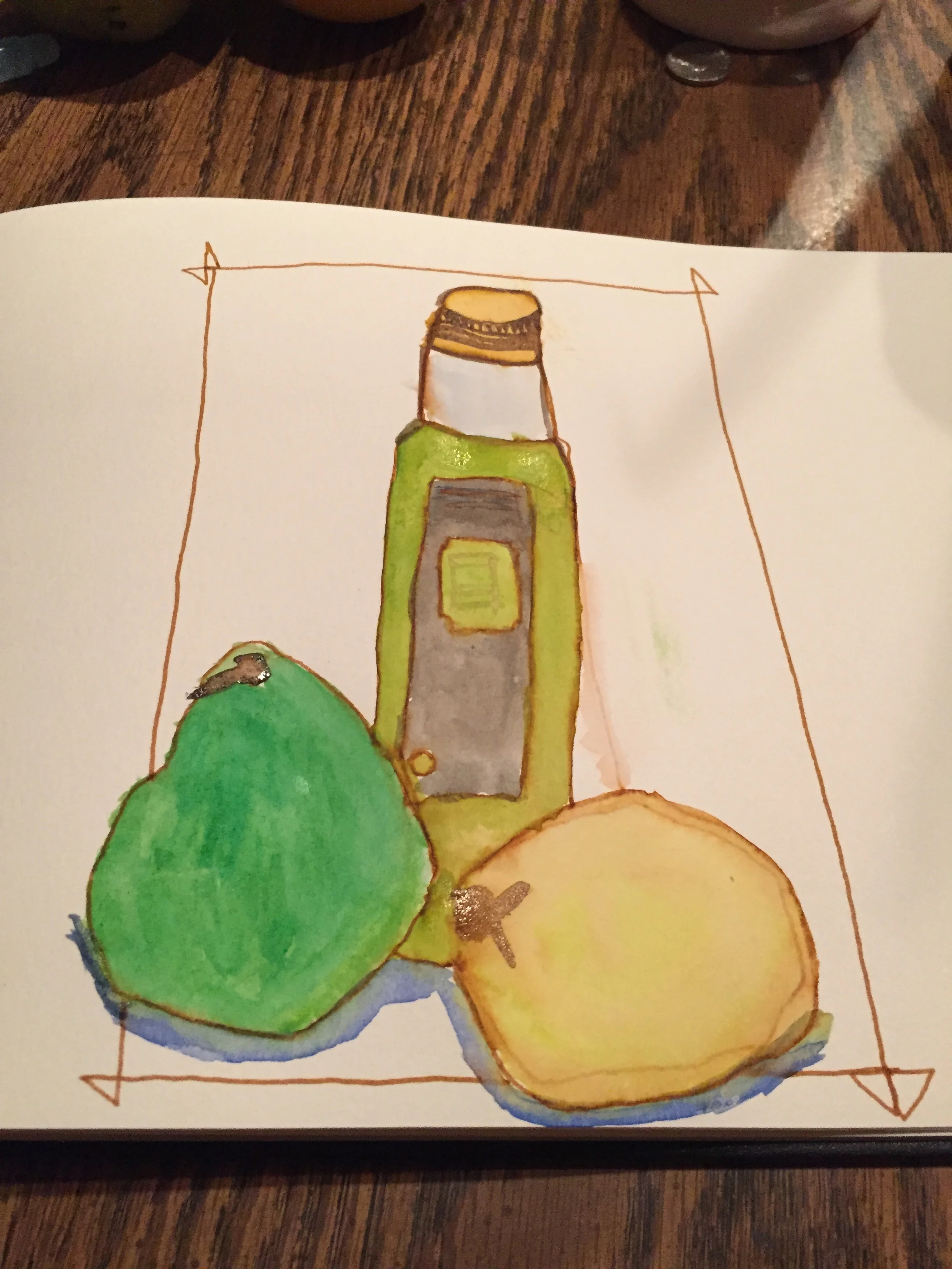 lemon, pear, and bottle of olive oil. 