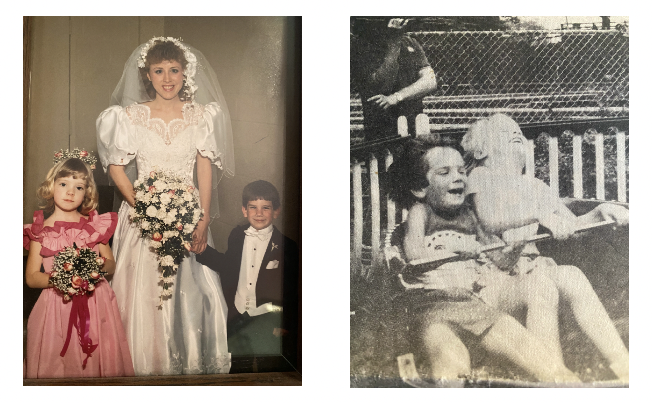 LEFT: 1988 - Emily and Jeff in Aunt Patty’s wedding. RIGHT: 1987 - Emily and Jeff enjoying time together on a ride at an amusement park.