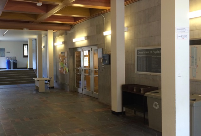 Then enter the lobby and head through the doors at right, which look like this. Immediately after you go through these doors, head up the staircase to the right (or, there is an accessible elevator down the hall to the left).