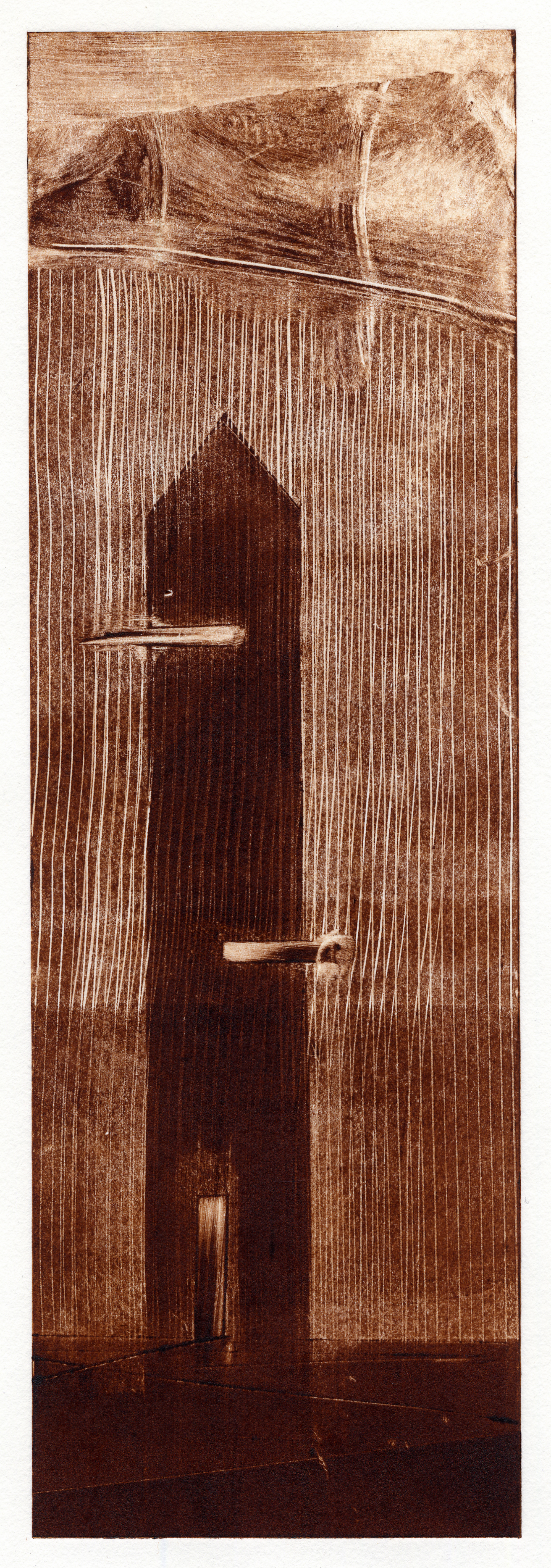  A monotype print in umber featuring a dwelling by Clive Knights 