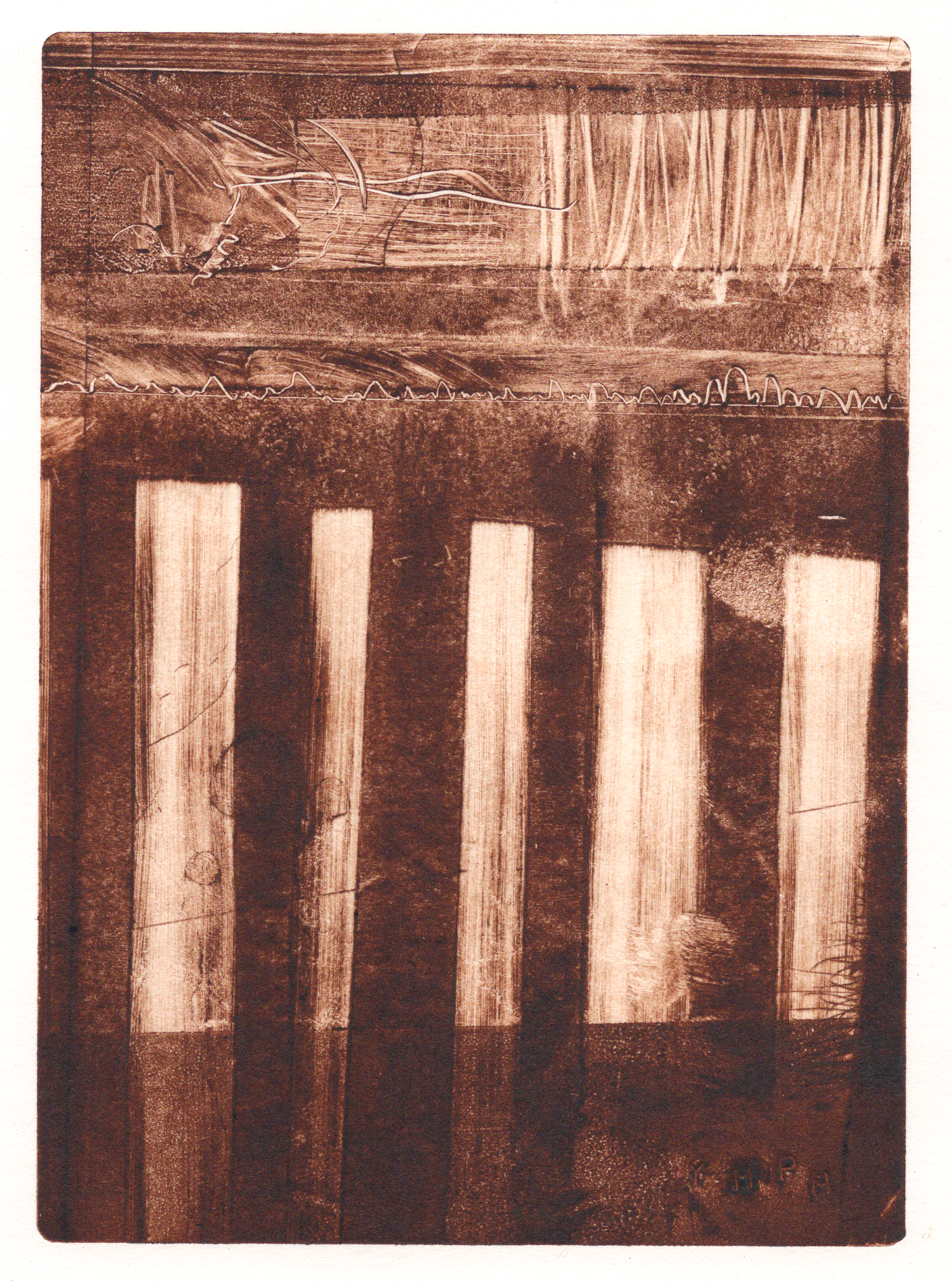  A monotype print by Clive Knights experimenting with umber ink on paper&nbsp; 